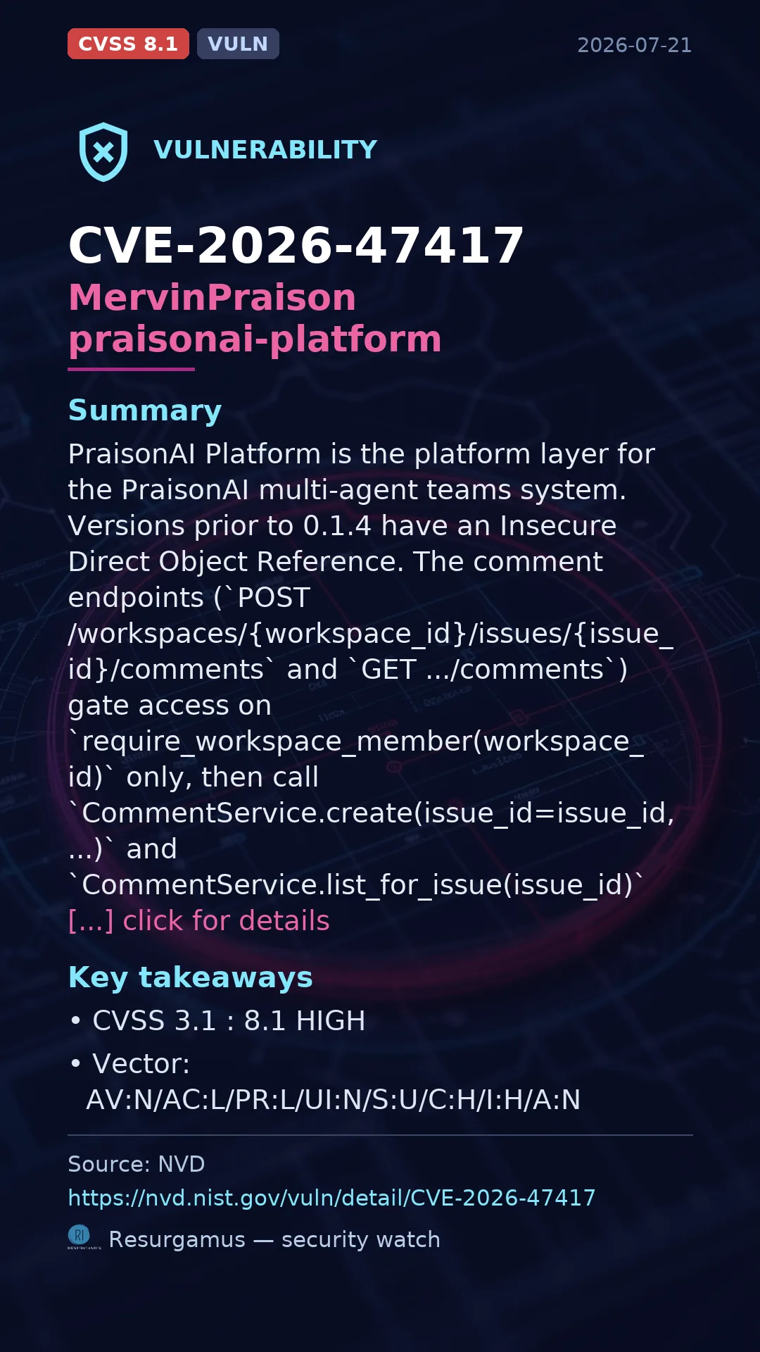 CVE-2026-47417 MervinPraison praisonai-platform Vulnerability