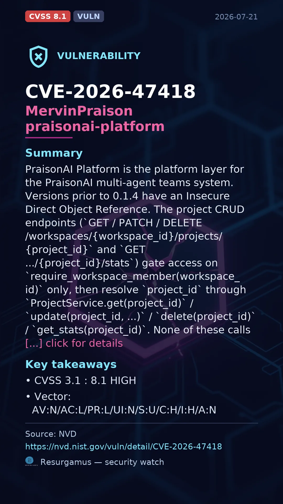 CVE-2026-47418 MervinPraison praisonai-platform Vulnerability