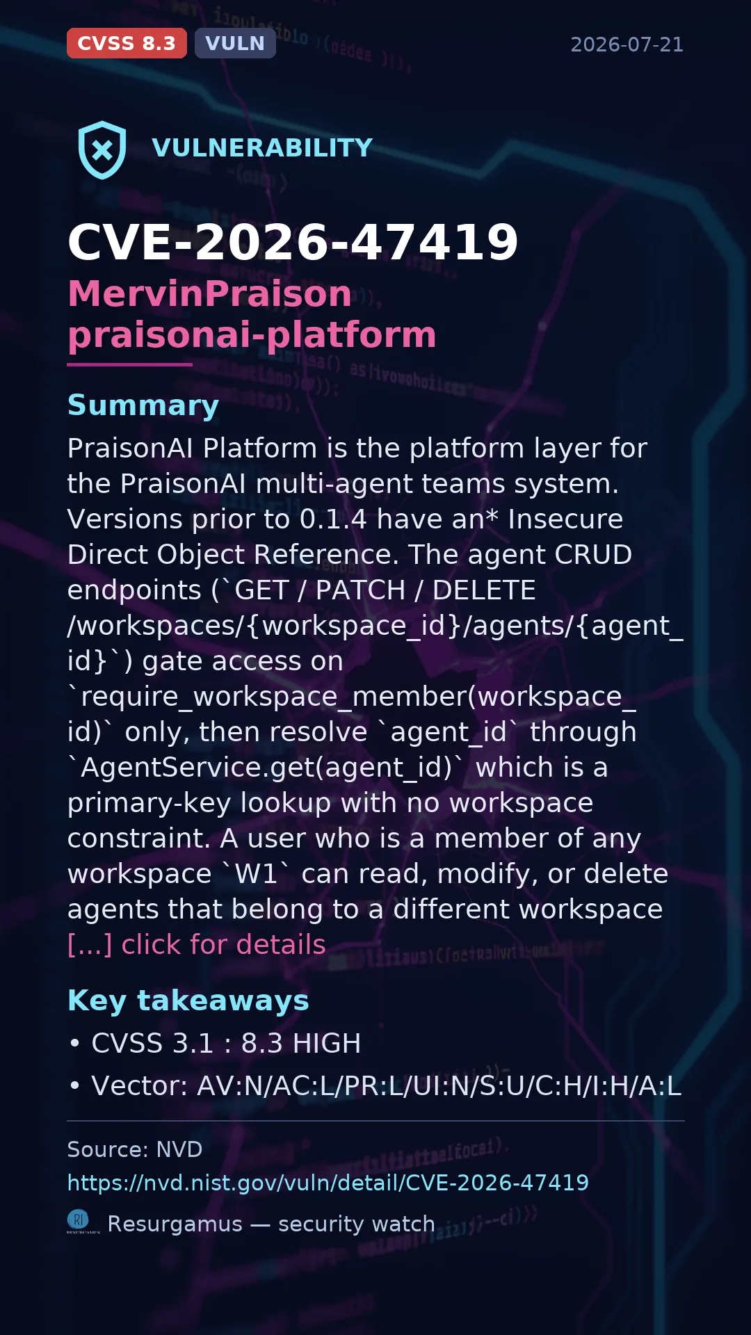 CVE-2026-47419 MervinPraison praisonai-platform Vulnerability