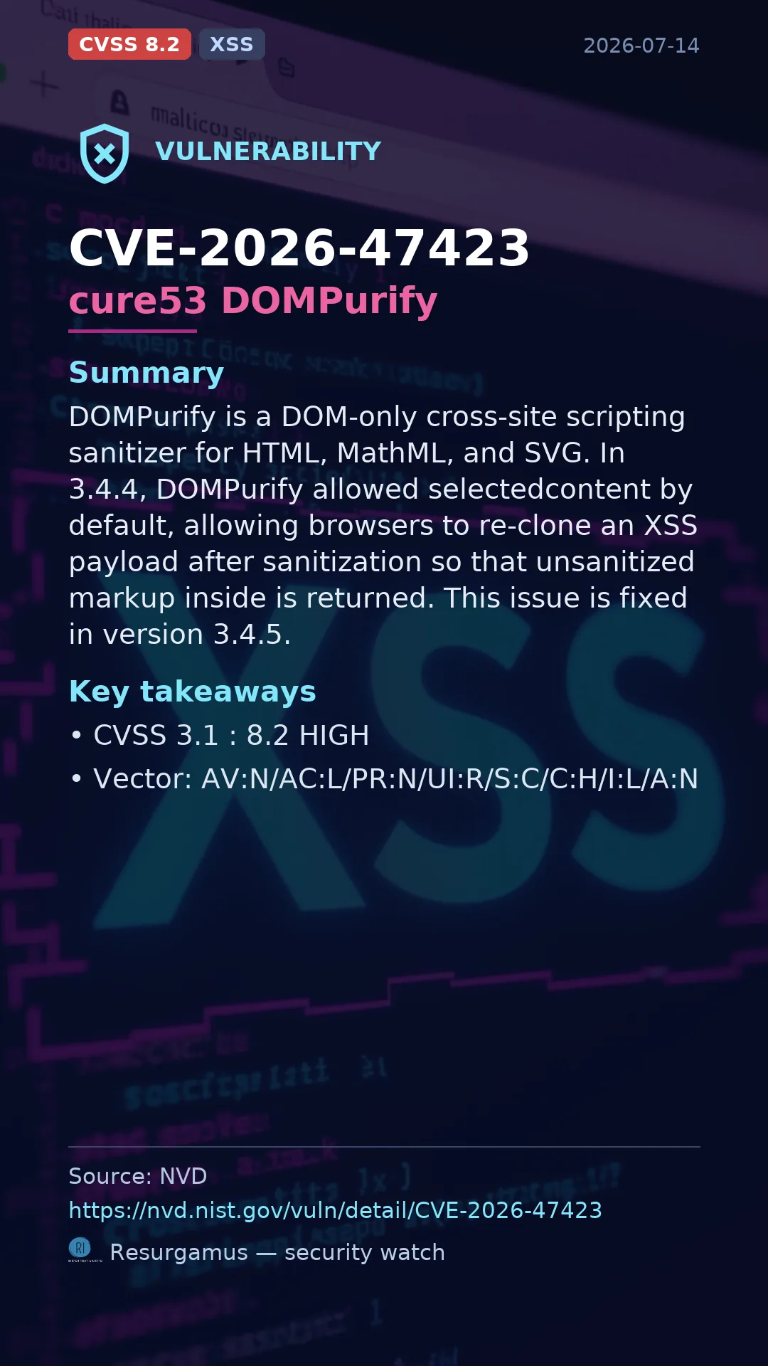 CVE-2026-47423 cure53 DOMPurify Vulnerability