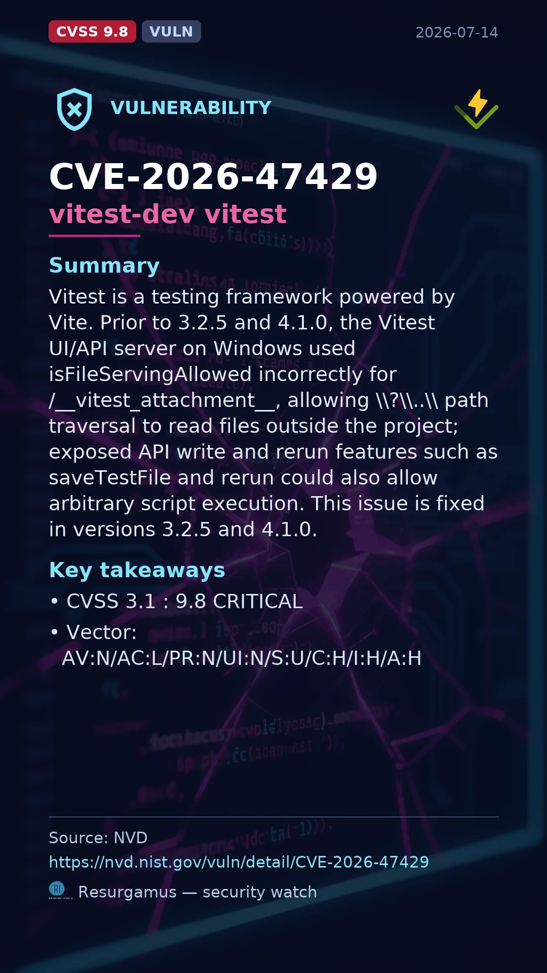 CVE-2026-47429 vitest-dev vitest Vulnerability