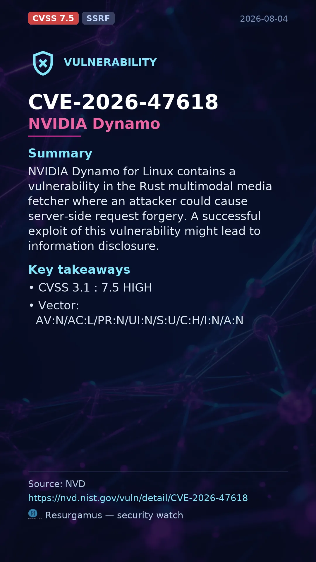 CVE-2026-47618 NVIDIA Dynamo Vulnerability