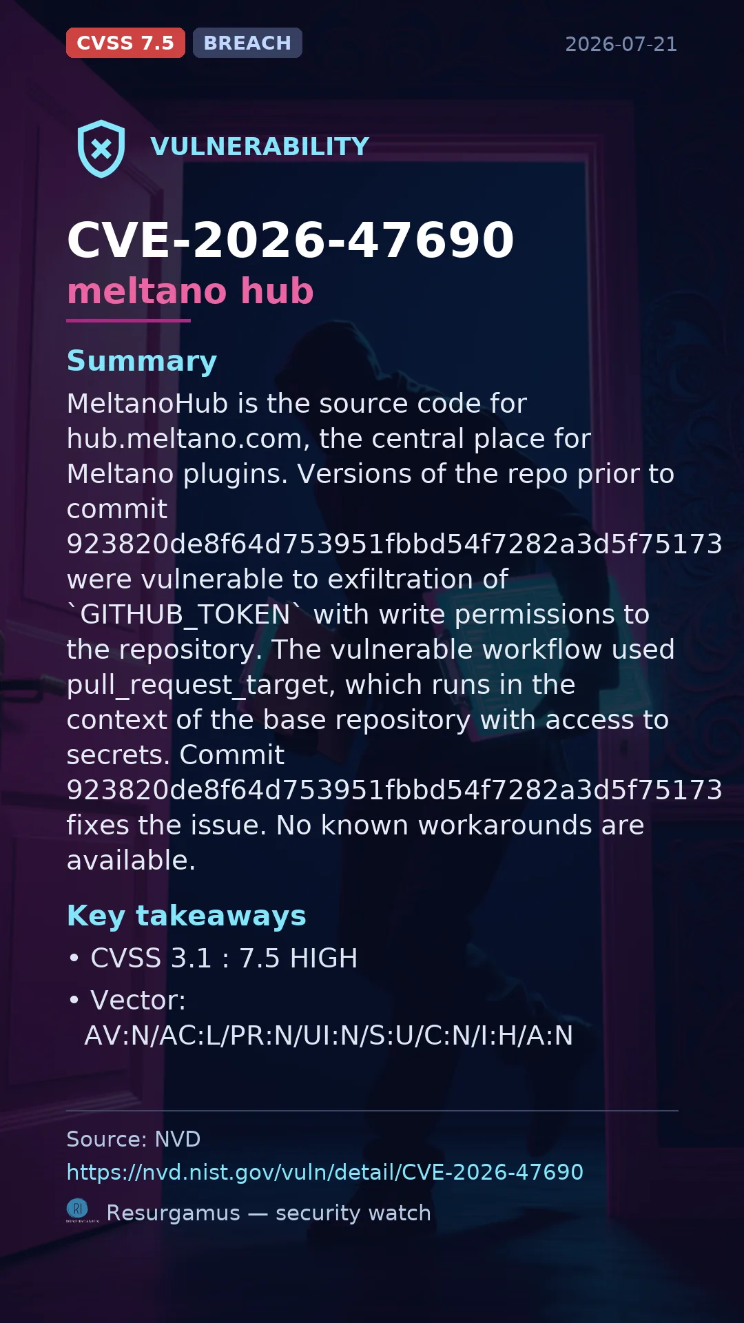 CVE-2026-47690 meltano hub Vulnerability