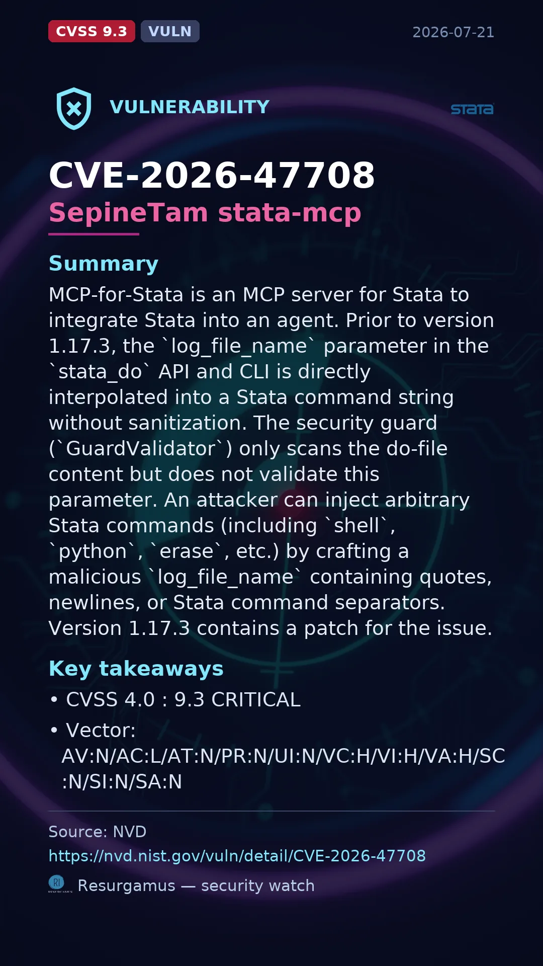 CVE-2026-47708 SepineTam stata-mcp Vulnerability