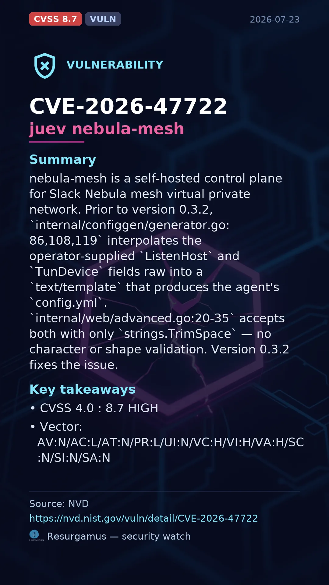 CVE-2026-47722 juev nebula-mesh Vulnerability