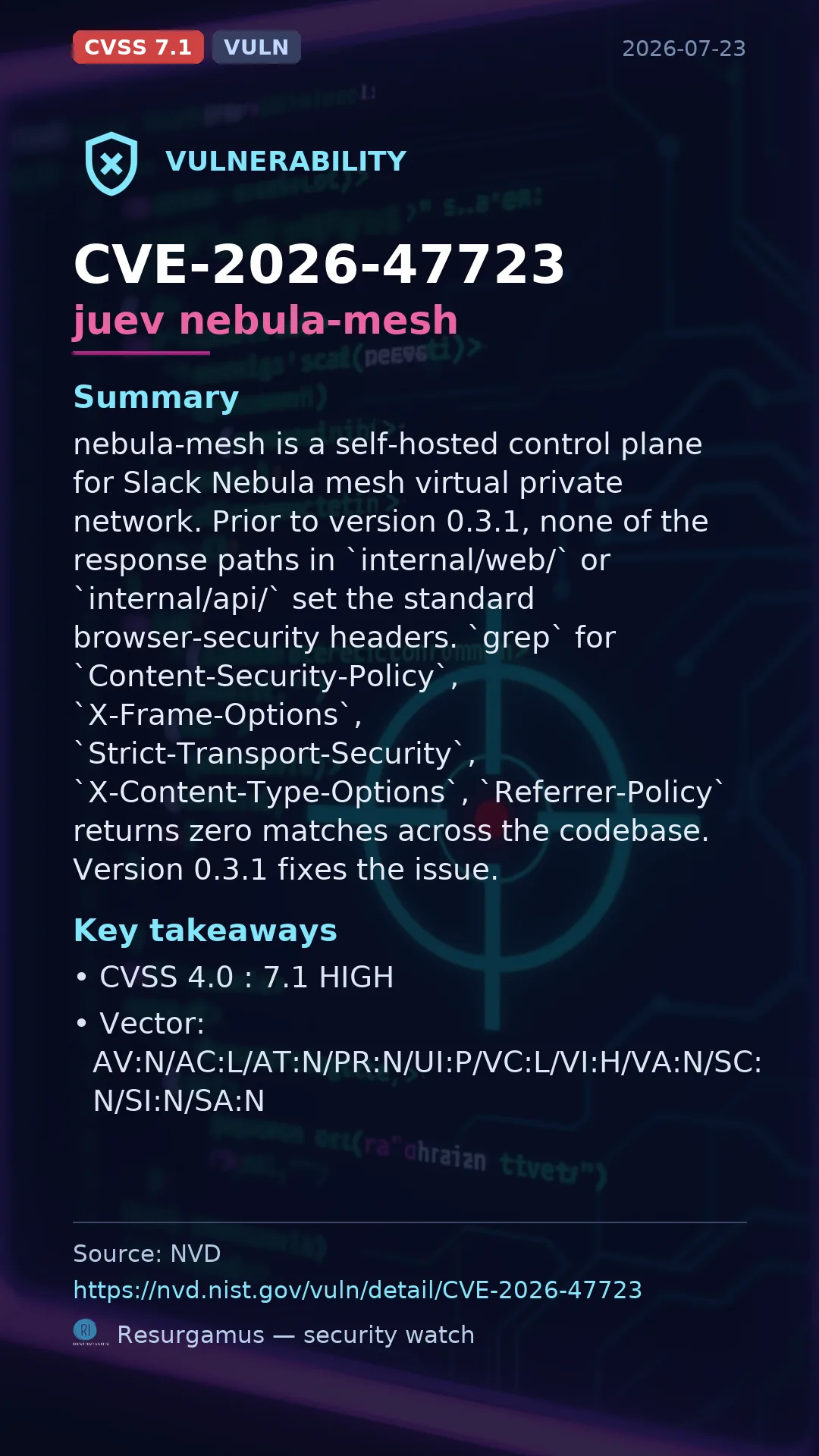 CVE-2026-47723 juev nebula-mesh Vulnerability