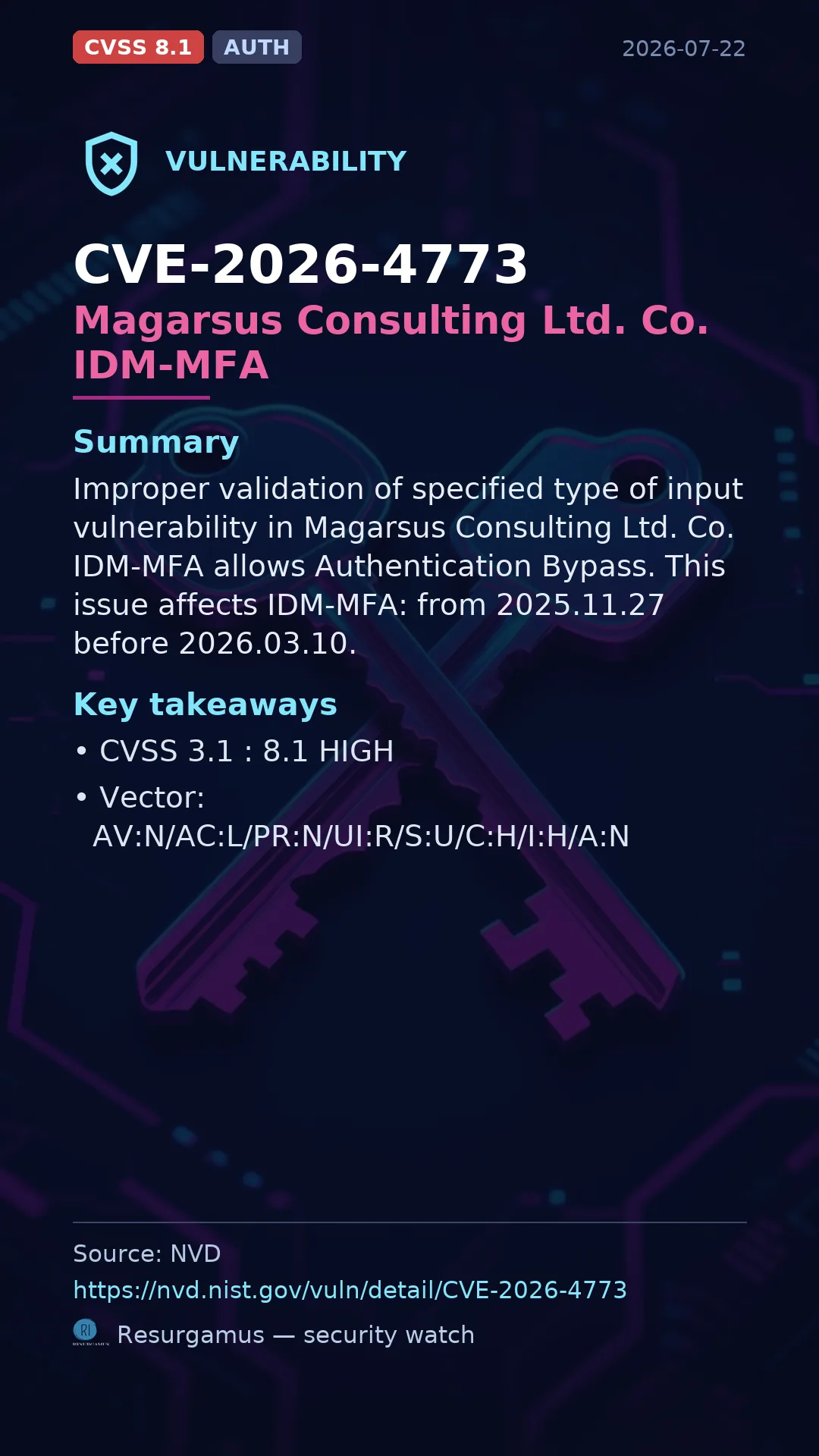 CVE-2026-4773 Magarsus Consulting Ltd. Co. IDM-MFA Vulnerability