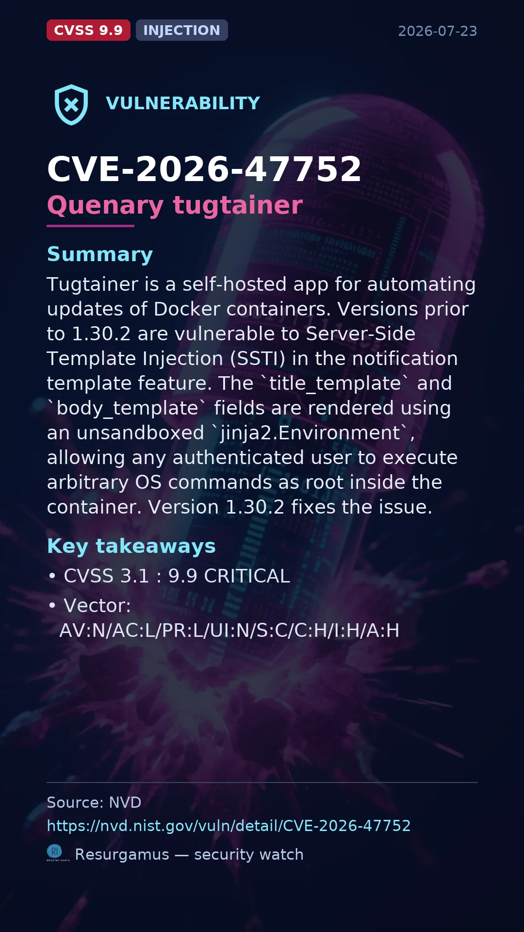 CVE-2026-47752 Quenary tugtainer Vulnerability