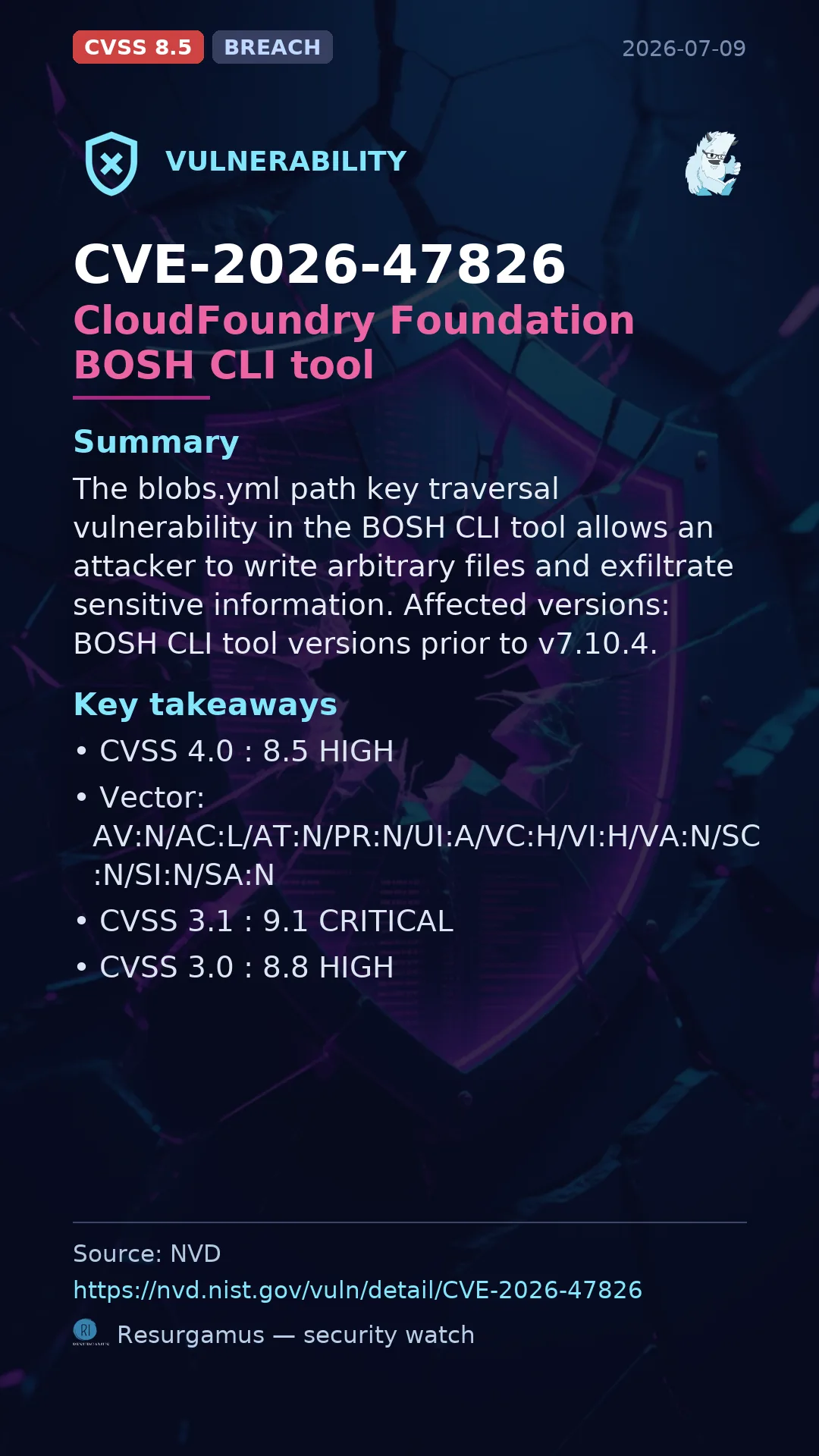 CVE-2026-47826 CloudFoundry Foundation BOSH CLI tool Vulnerability