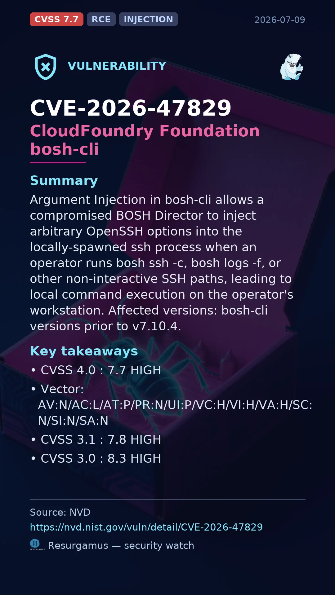 CVE-2026-47829 CloudFoundry Foundation bosh-cli Vulnerability