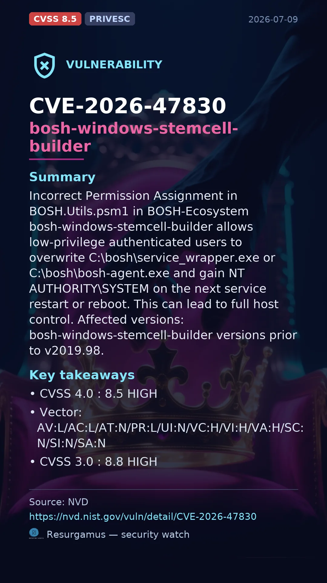 CVE-2026-47830 bosh-windows-stemcell-builder Vulnerability
