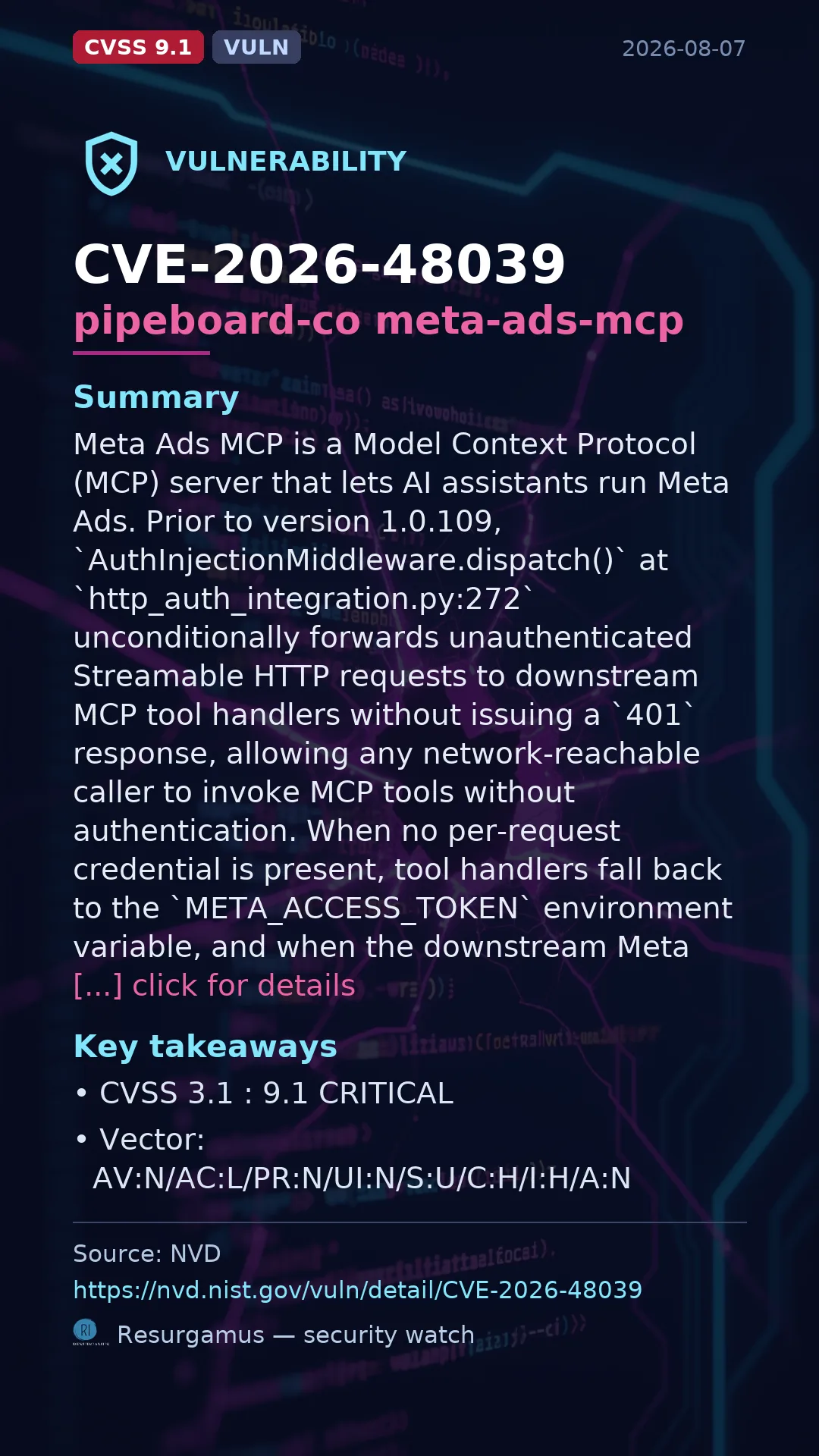 CVE-2026-48039 pipeboard-co meta-ads-mcp Vulnerability