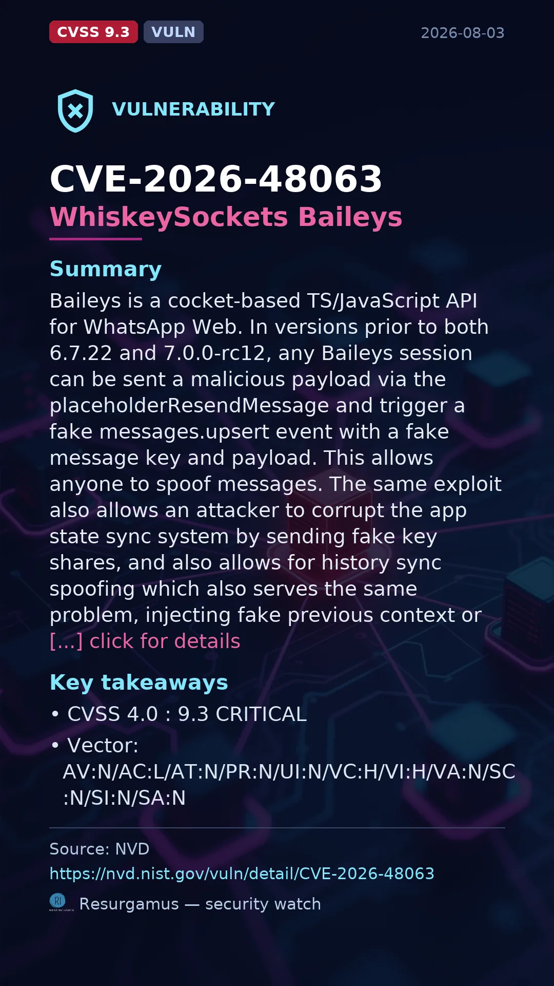 CVE-2026-48063 WhiskeySockets Baileys Vulnerability