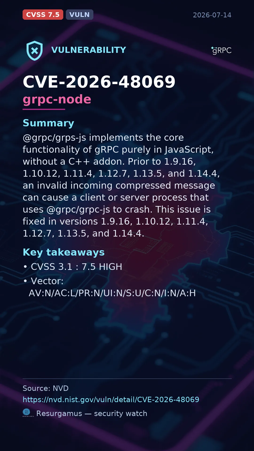 CVE-2026-48069 grpc-node Vulnerability