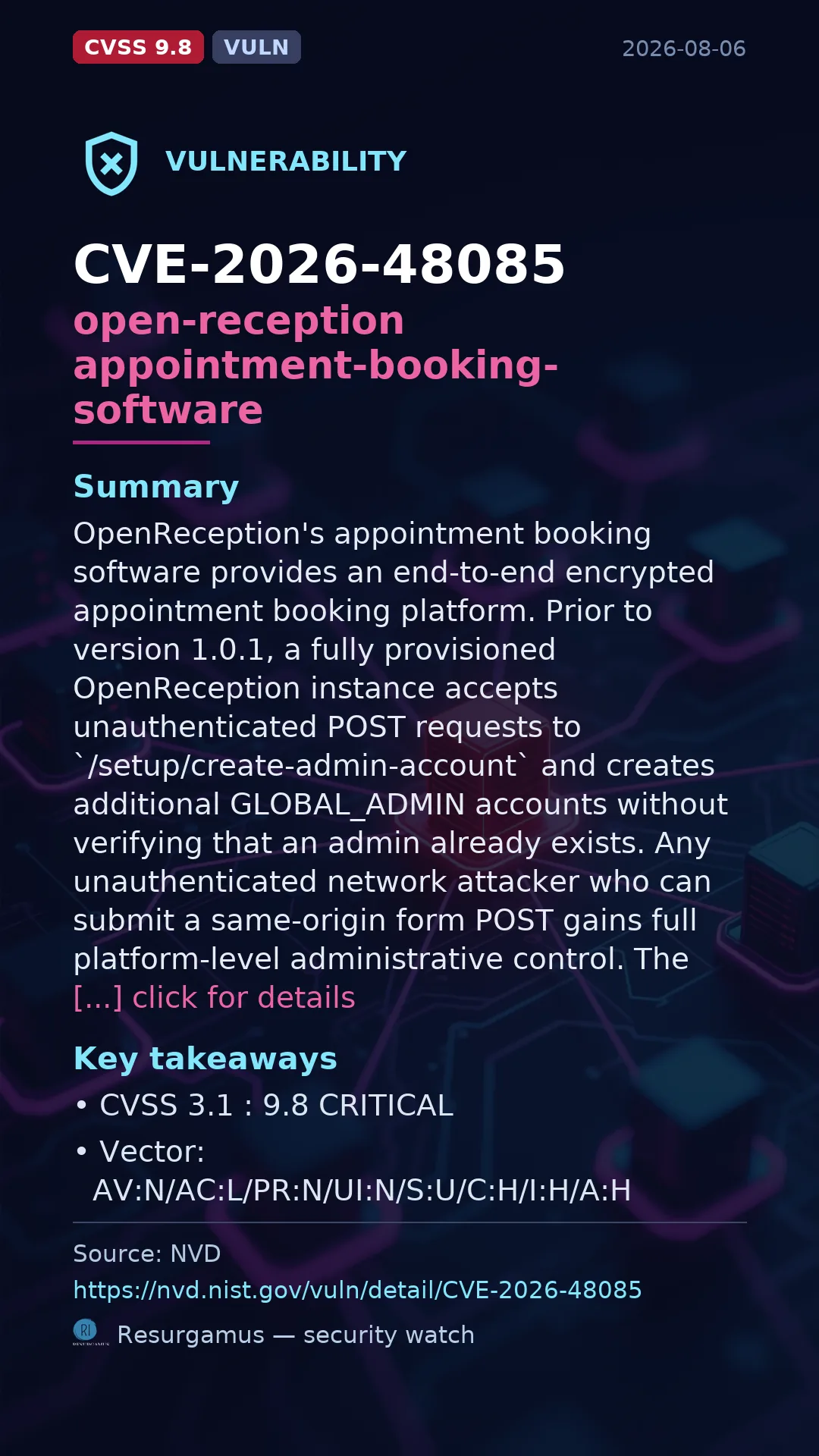 CVE-2026-48085 open-reception appointment-booking-software Vulnerability