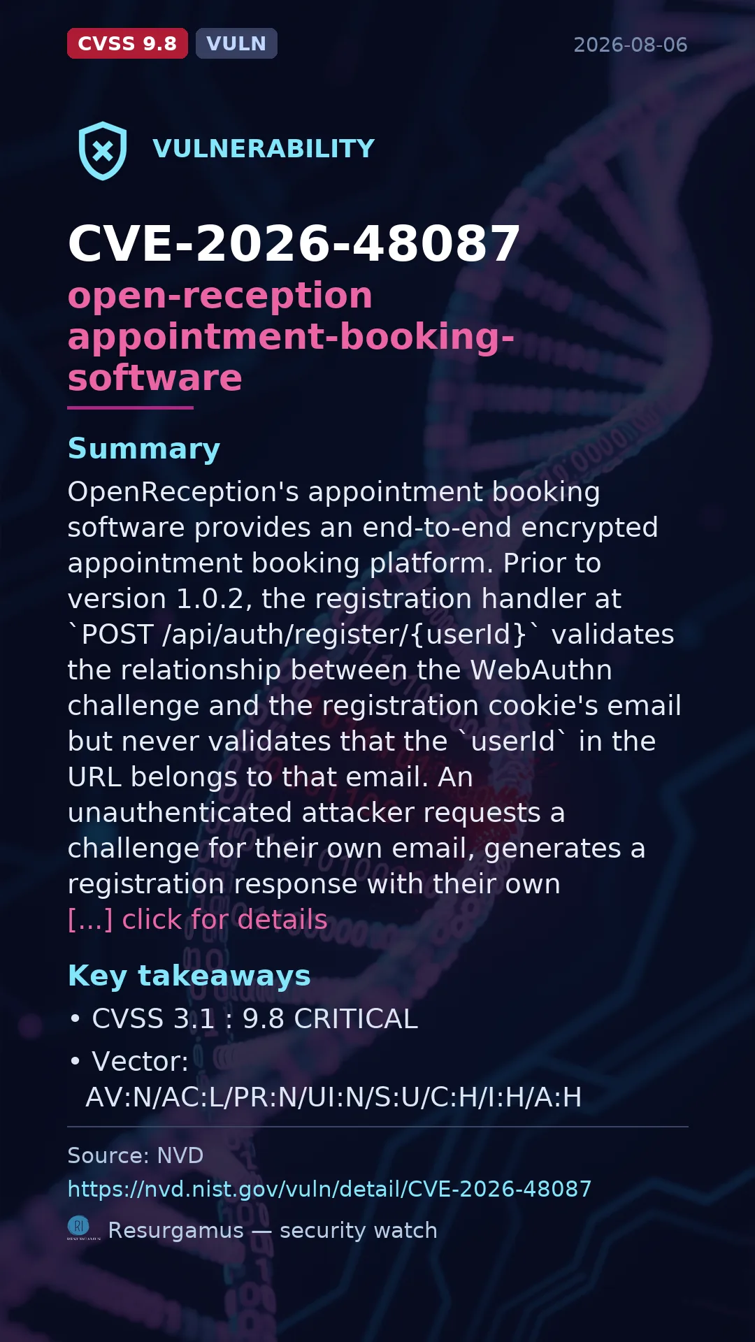 CVE-2026-48087 open-reception appointment-booking-software Vulnerability