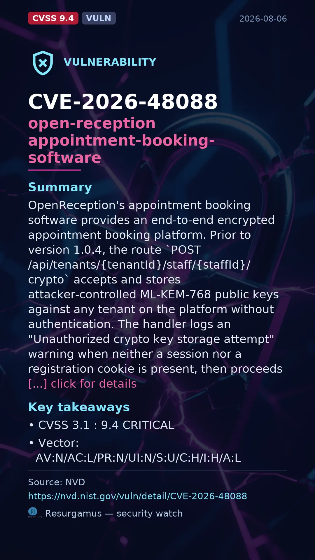 CVE-2026-48088 open-reception appointment-booking-software Vulnerability