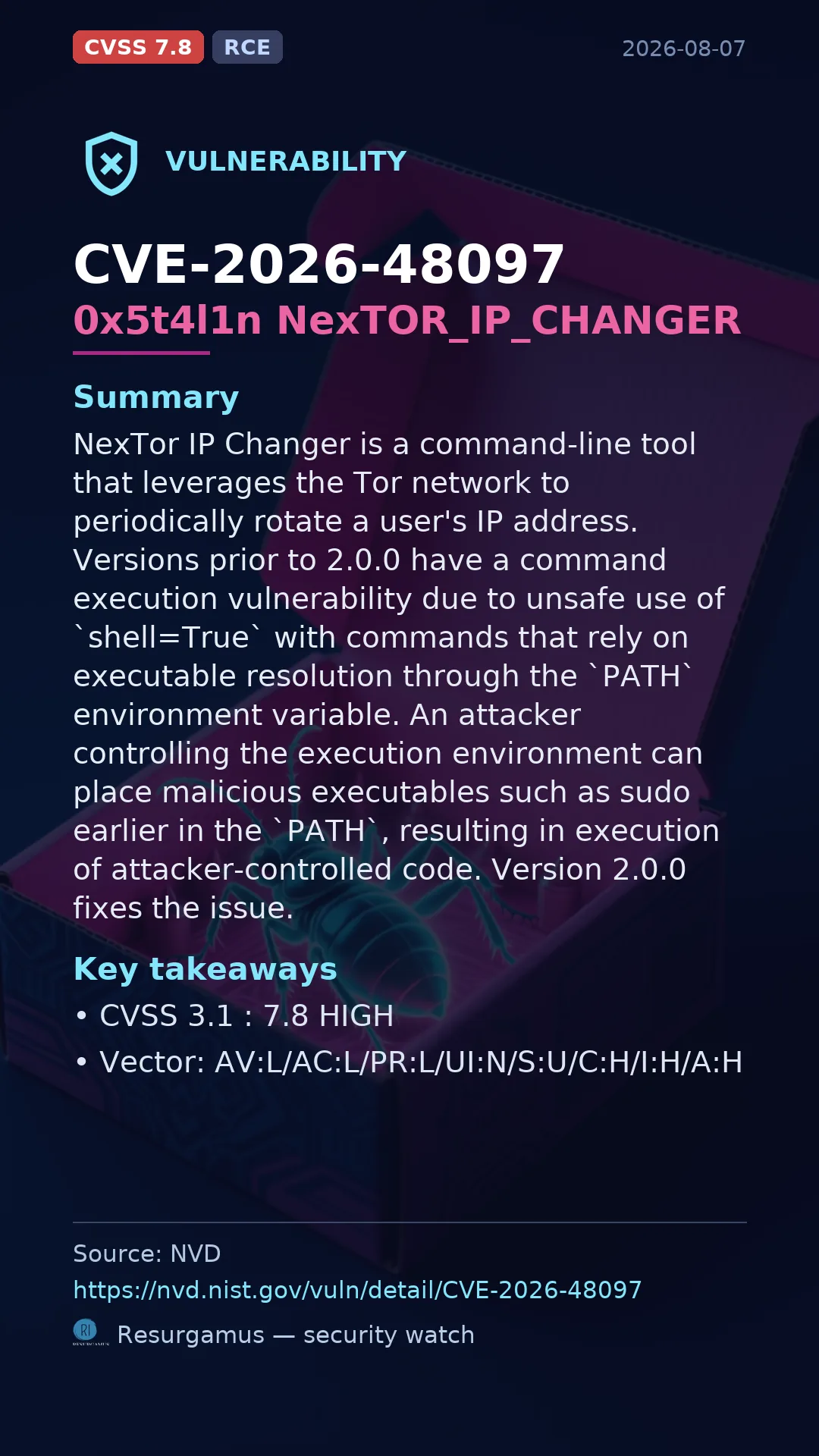 CVE-2026-48097 0x5t4l1n NexTOR_IP_CHANGER Vulnerability