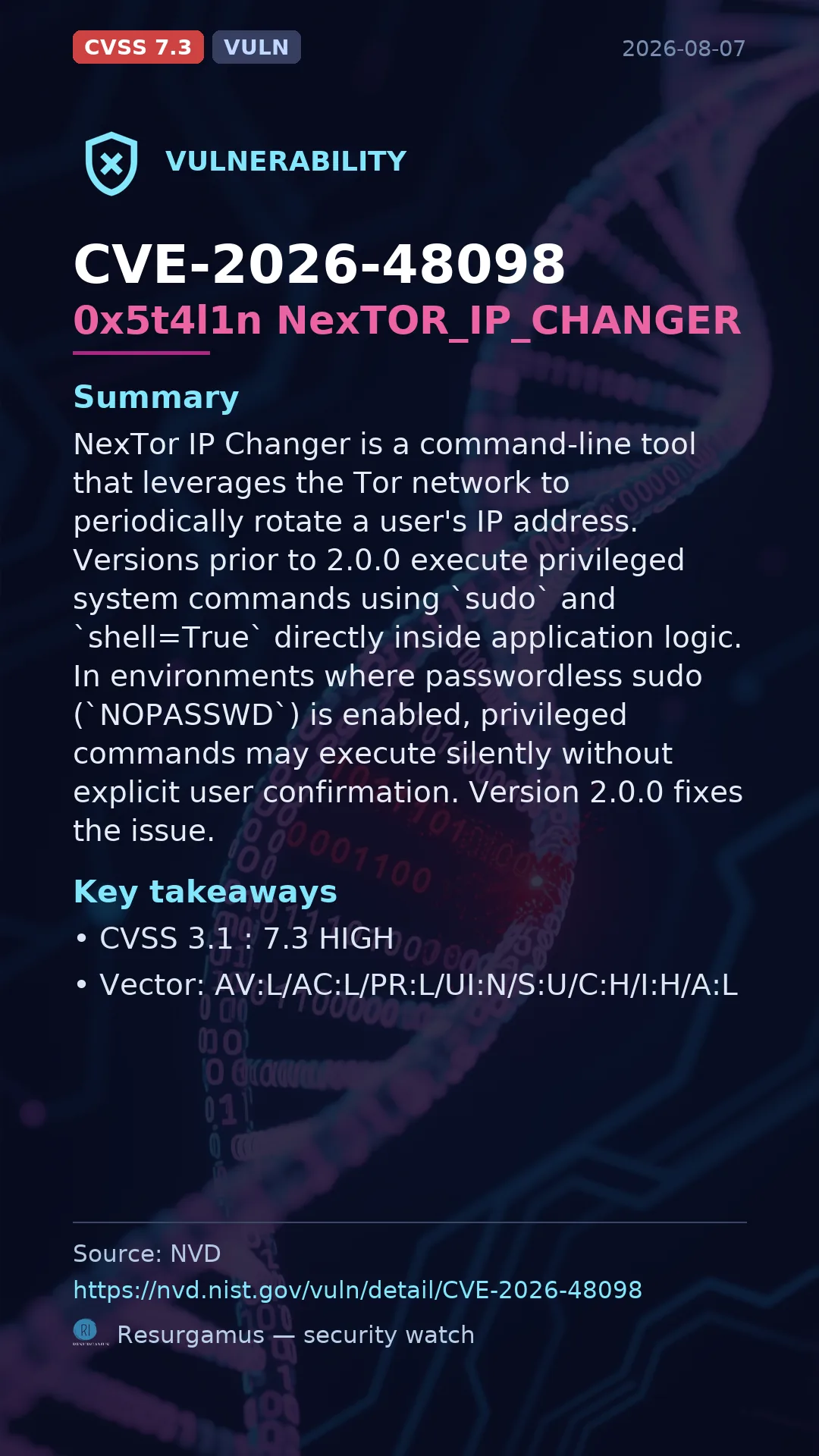 CVE-2026-48098 0x5t4l1n NexTOR_IP_CHANGER Vulnerability