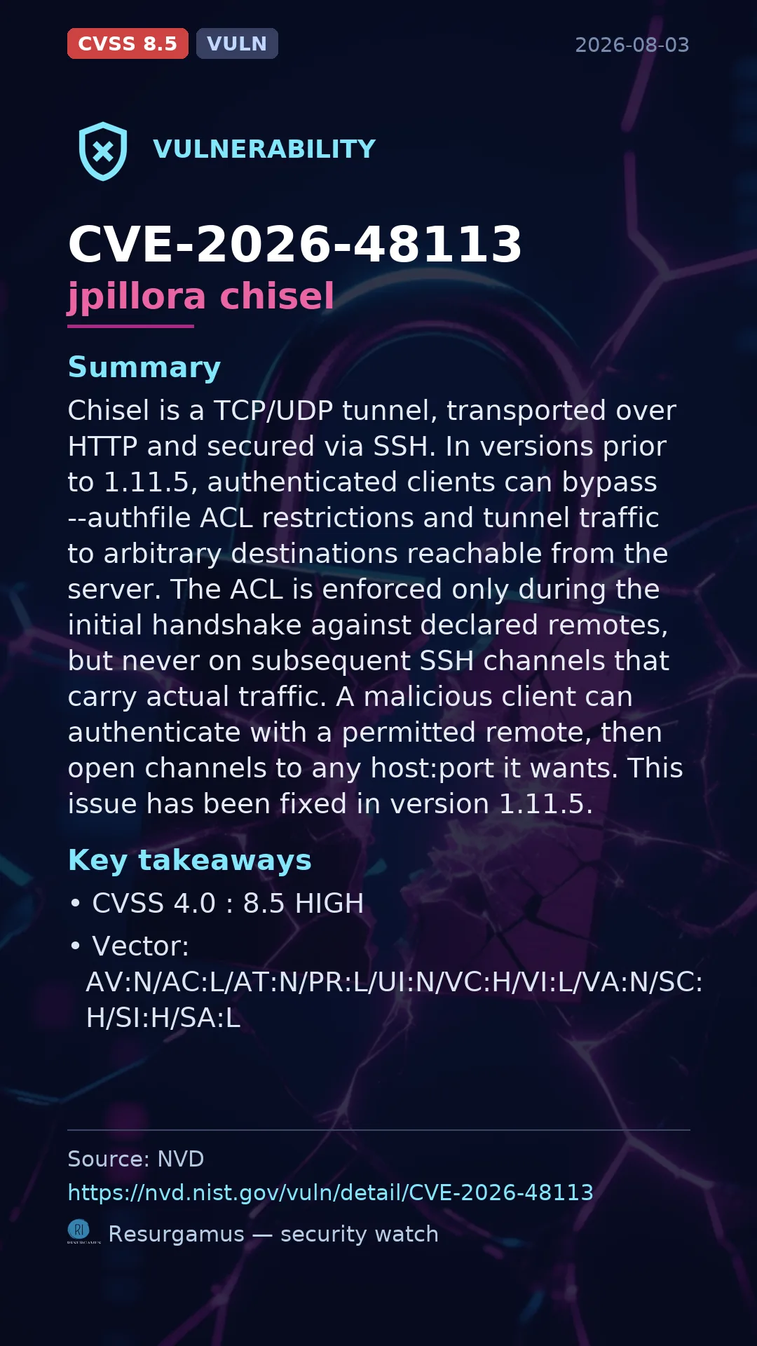 CVE-2026-48113 jpillora chisel Vulnerability