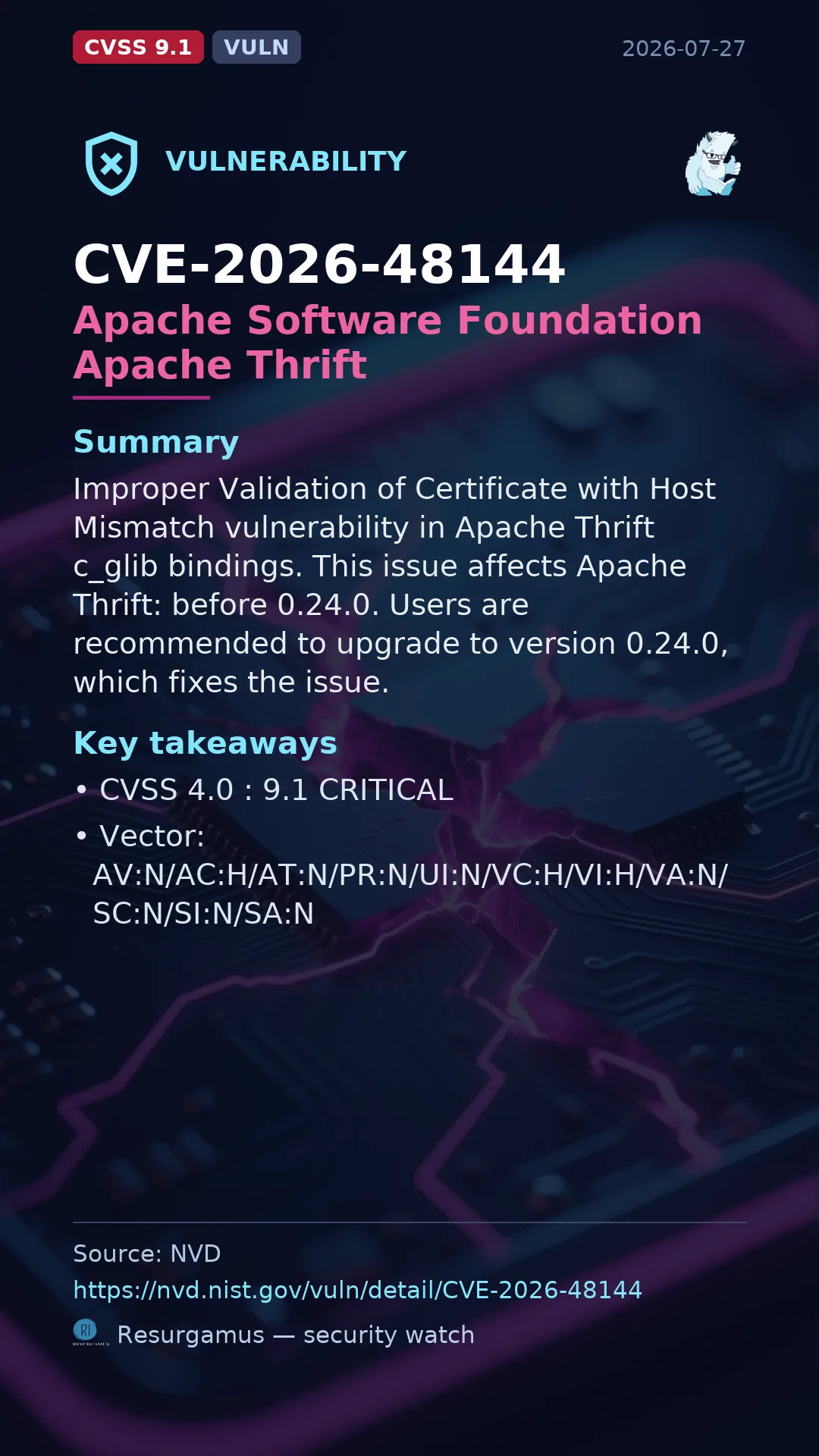 CVE-2026-48144 - Apache Software Foundation Apache Thrift vulnerability