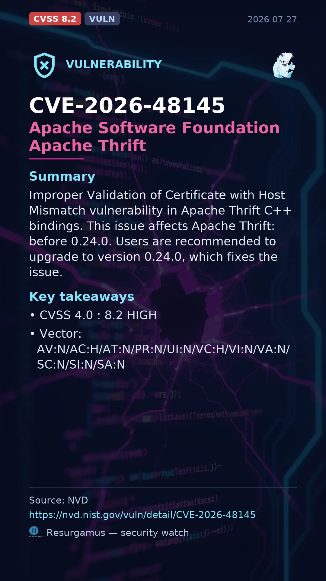 CVE-2026-48145 - Apache Software Foundation Apache Thrift vulnerability