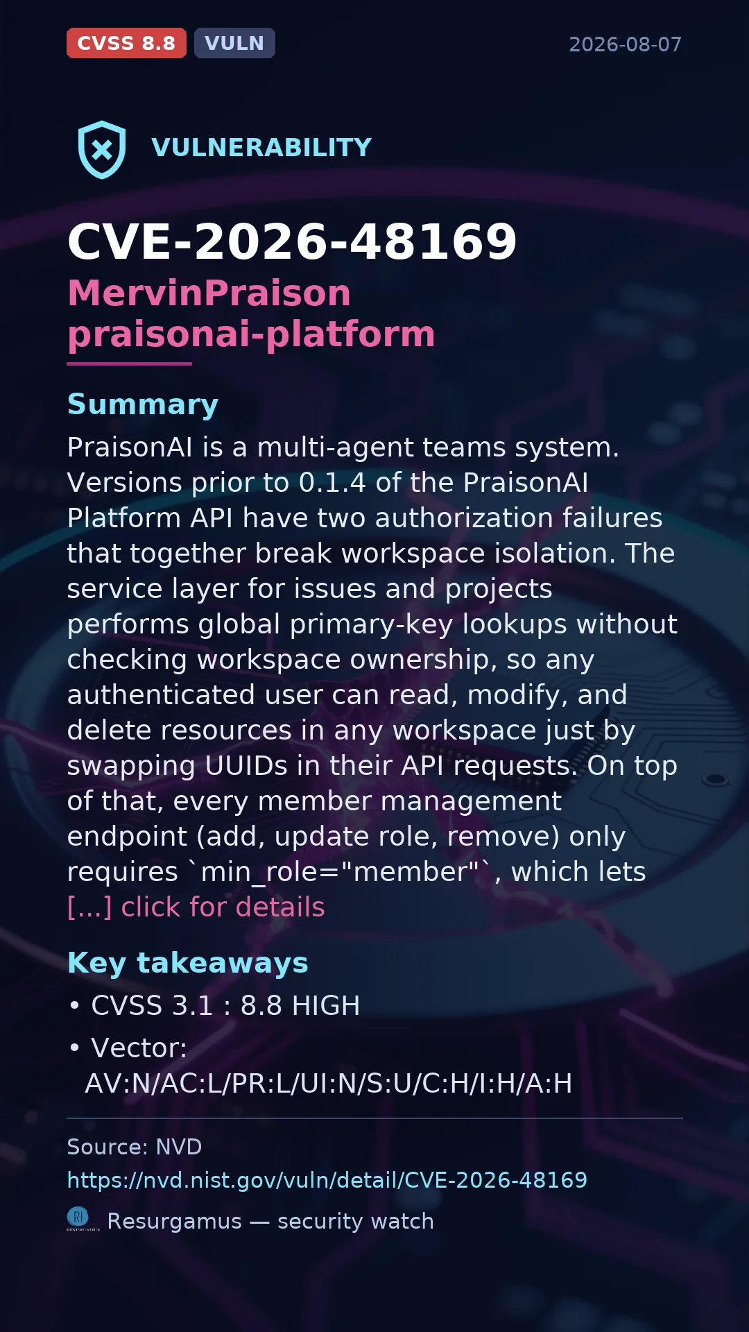 CVE-2026-48169 MervinPraison praisonai-platform Vulnerability