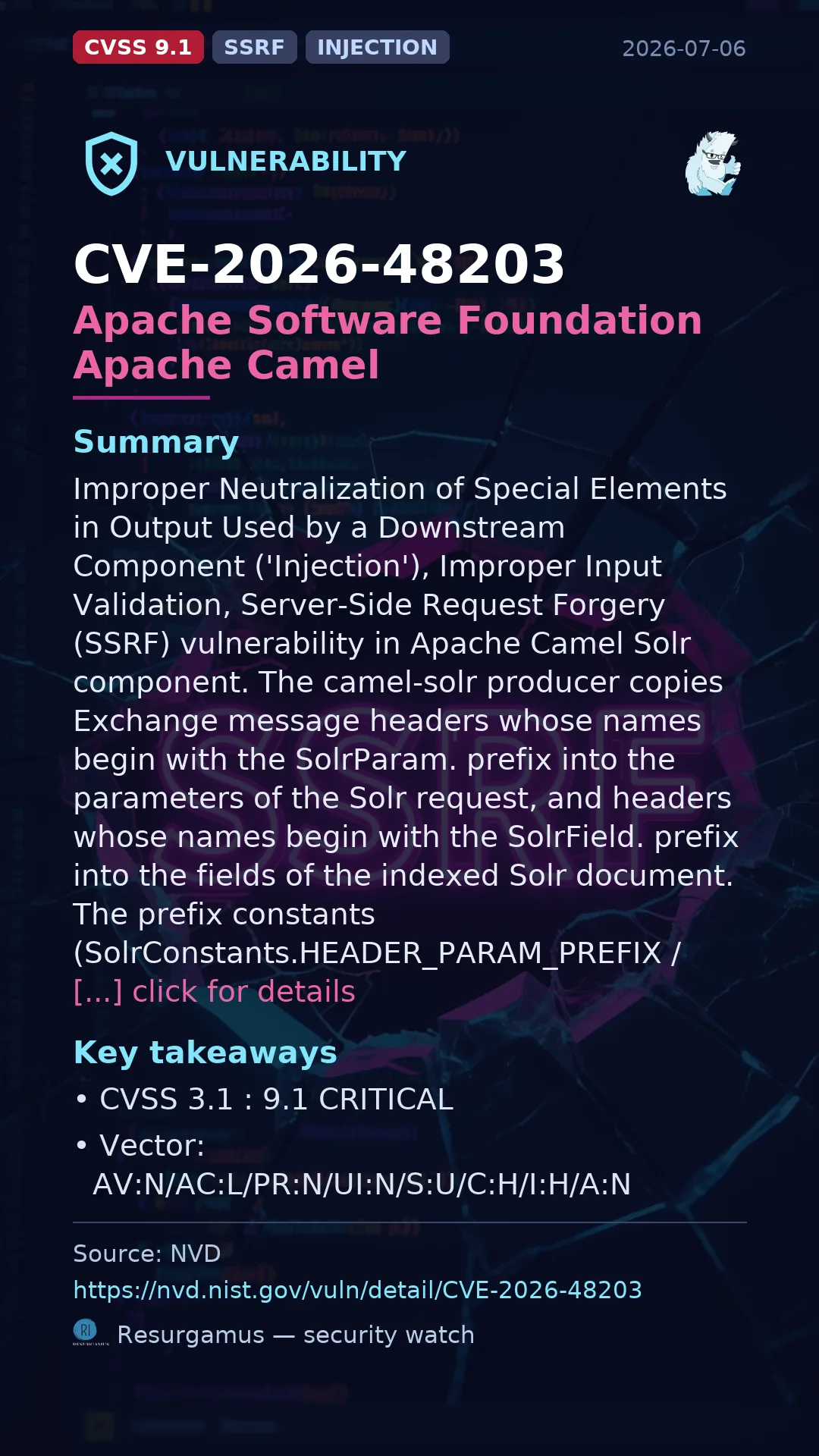 CVE-2026-48203 Apache Software Foundation Apache Camel Vulnerability