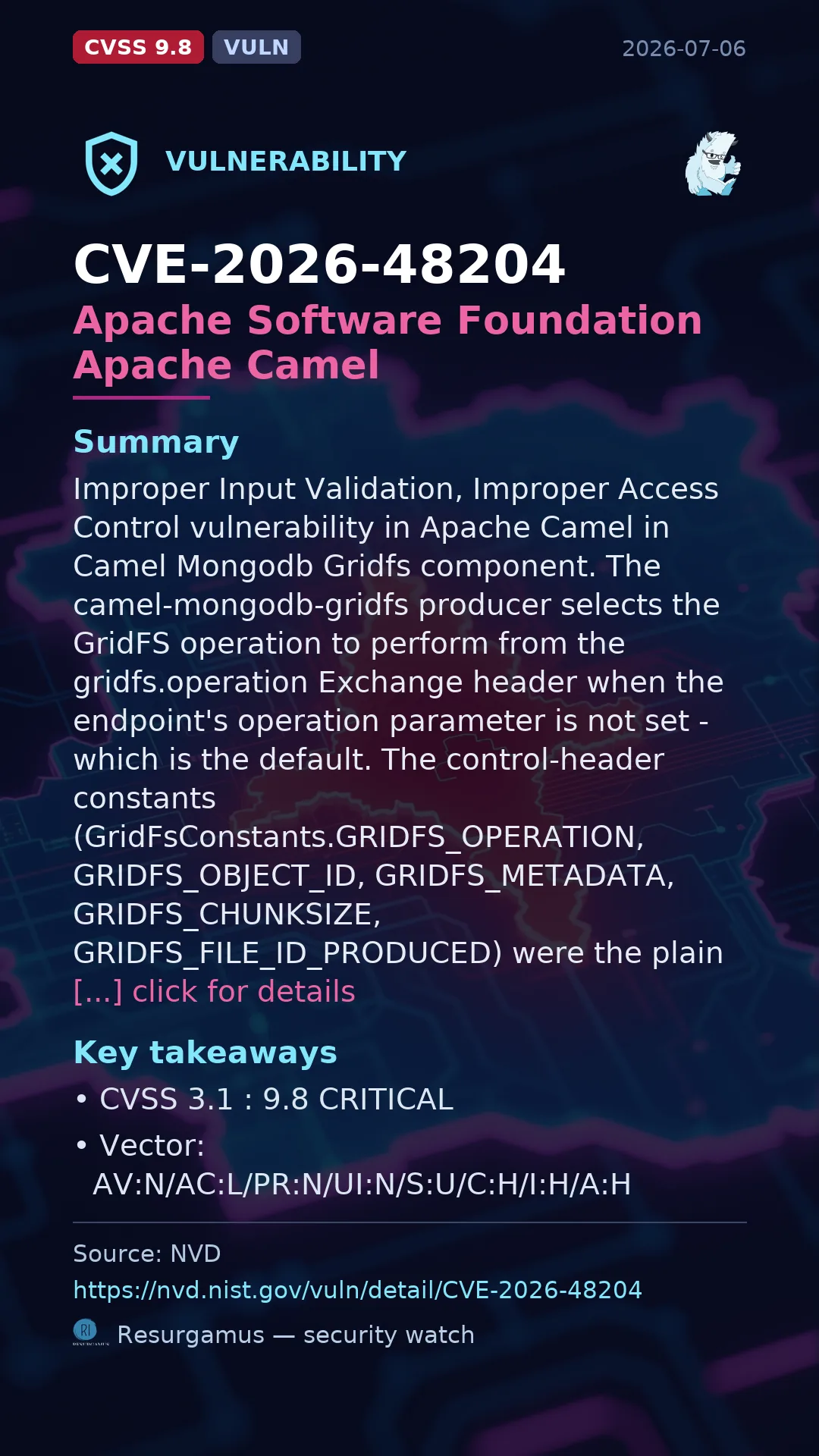 CVE-2026-48204 Apache Software Foundation Apache Camel Vulnerability