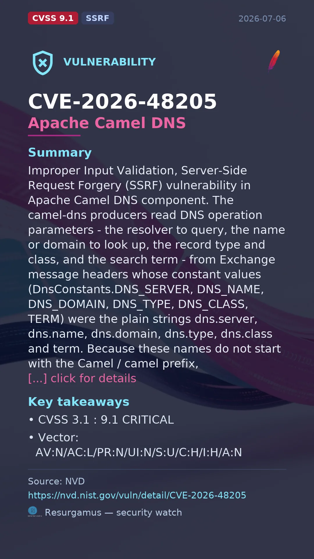 CVE-2026-48205 Apache Camel DNS Vulnerability