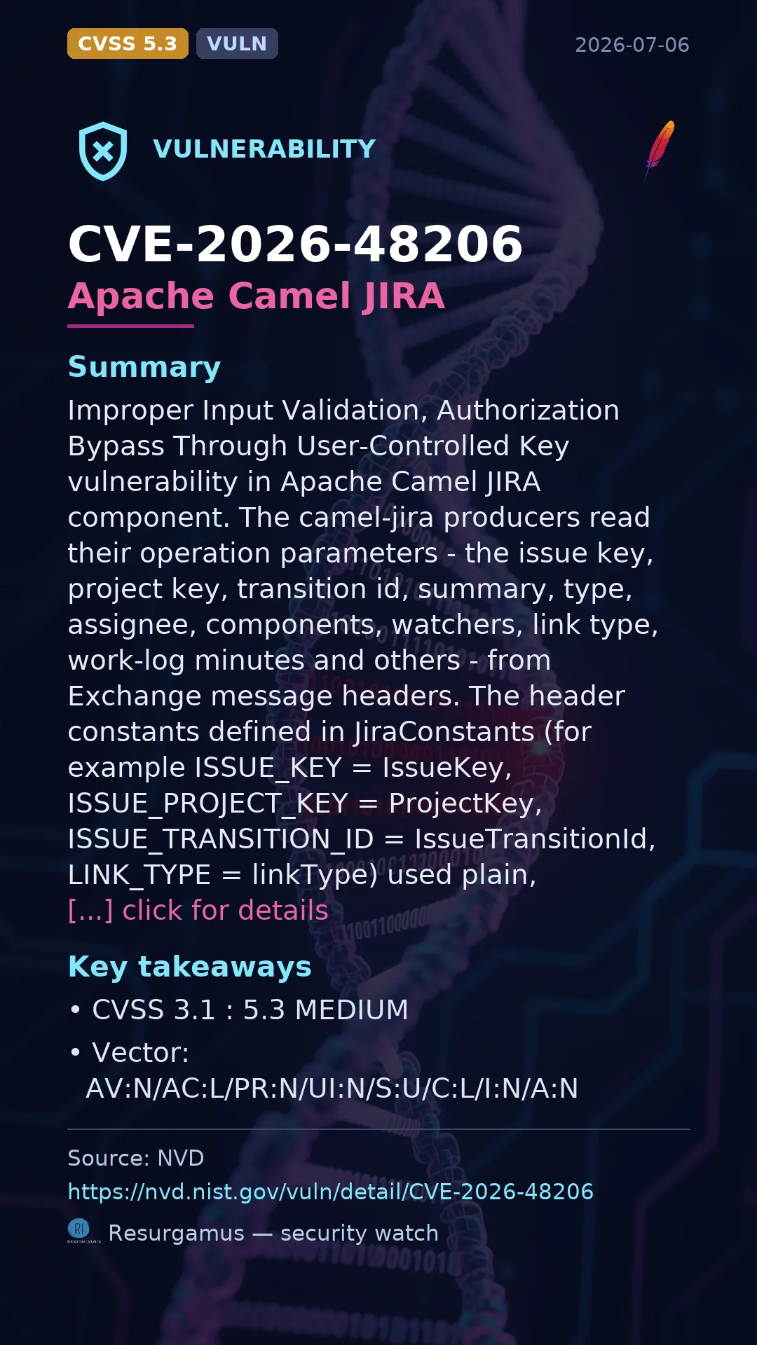 CVE-2026-48206 Apache Camel JIRA Vulnerability