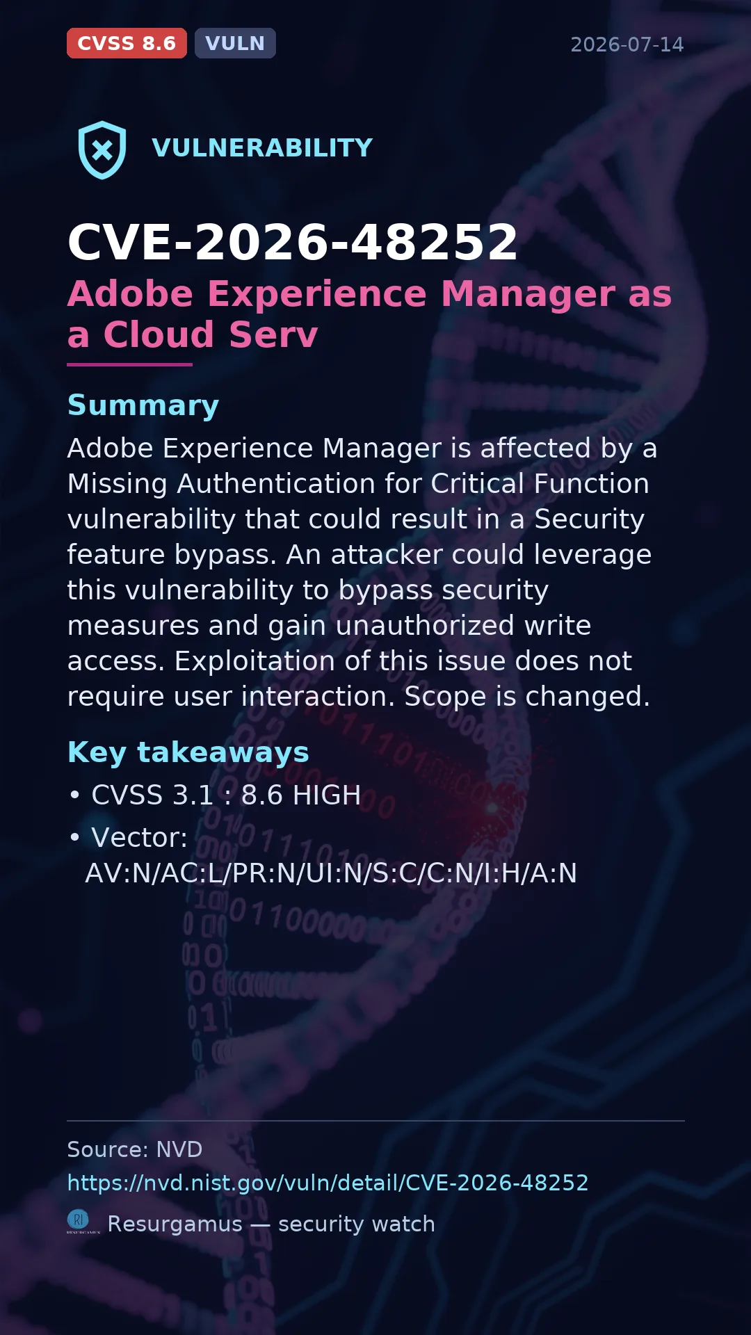 CVE-2026-48252 Adobe Experience Manager as a Cloud Serv Vulnerability