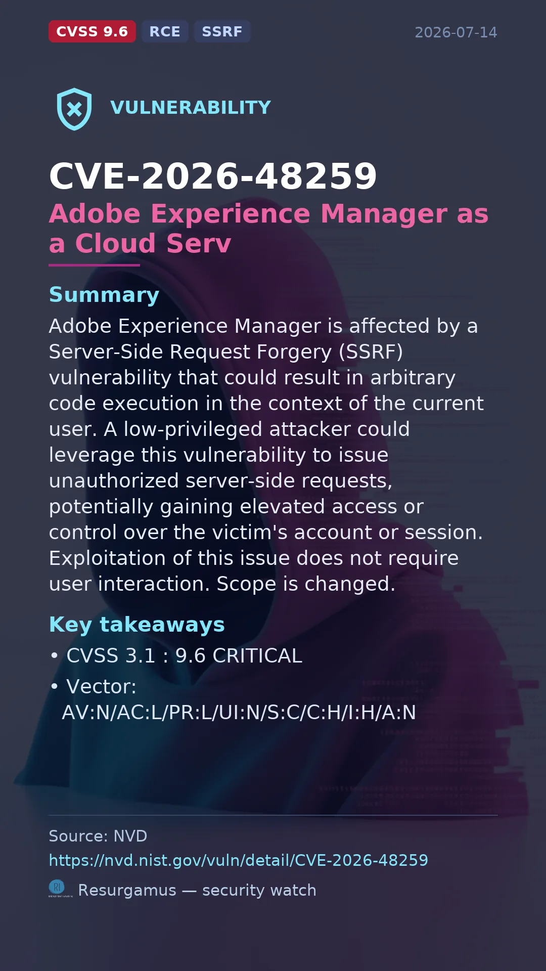 CVE-2026-48259 Adobe Experience Manager as a Cloud Serv Vulnerability