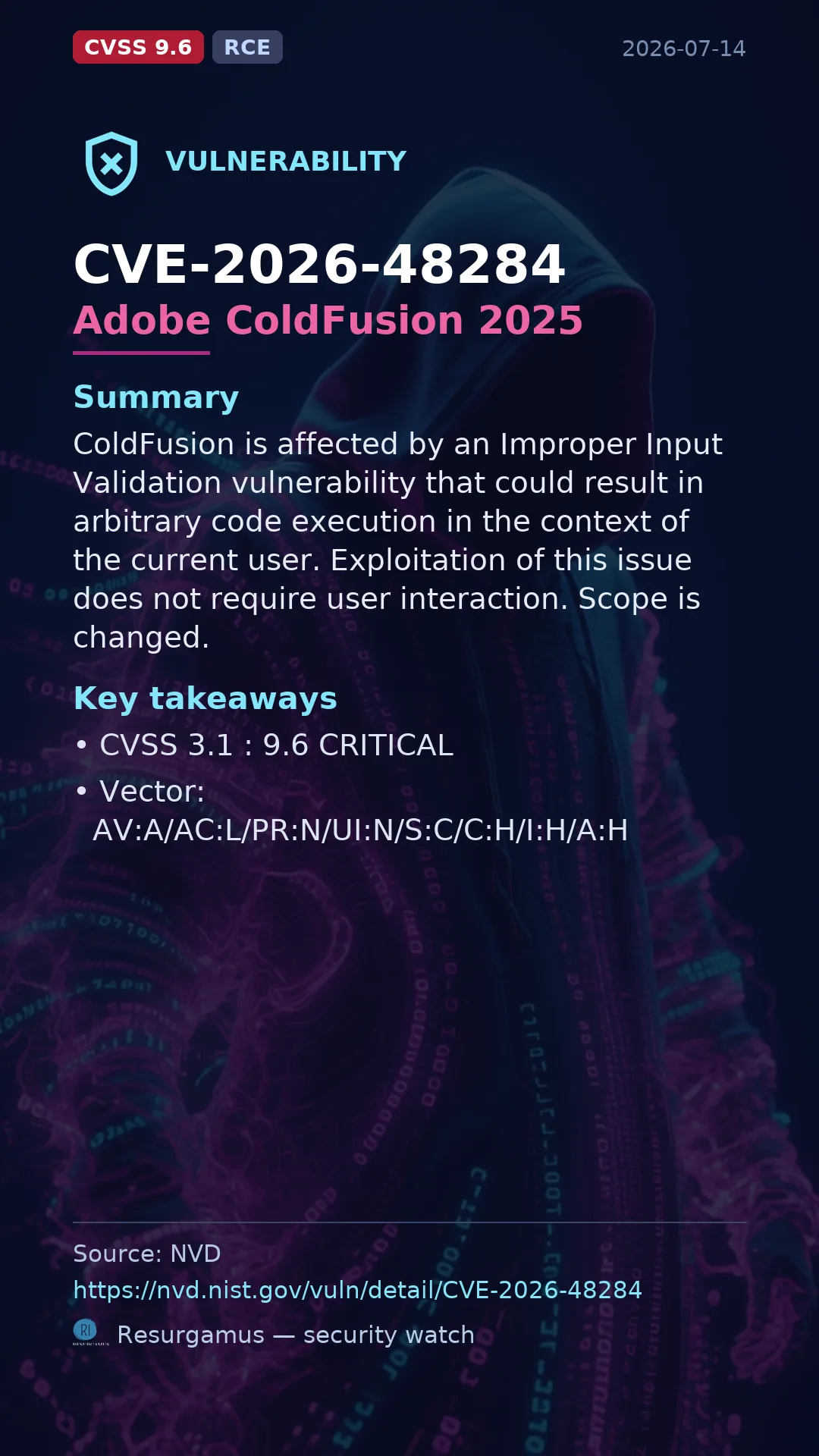 CVE-2026-48284 Adobe ColdFusion 2025 Vulnerability