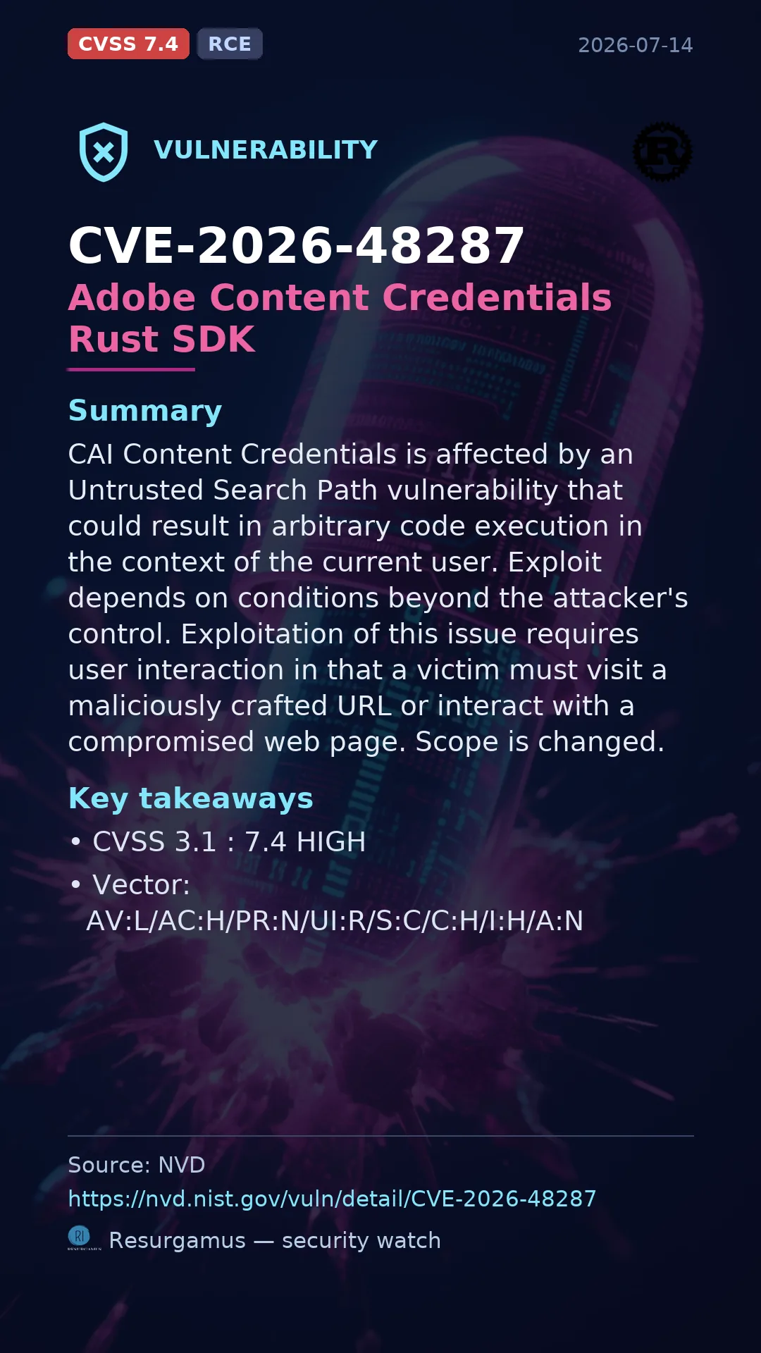 CVE-2026-48287 Adobe Content Credentials Rust SDK Vulnerability