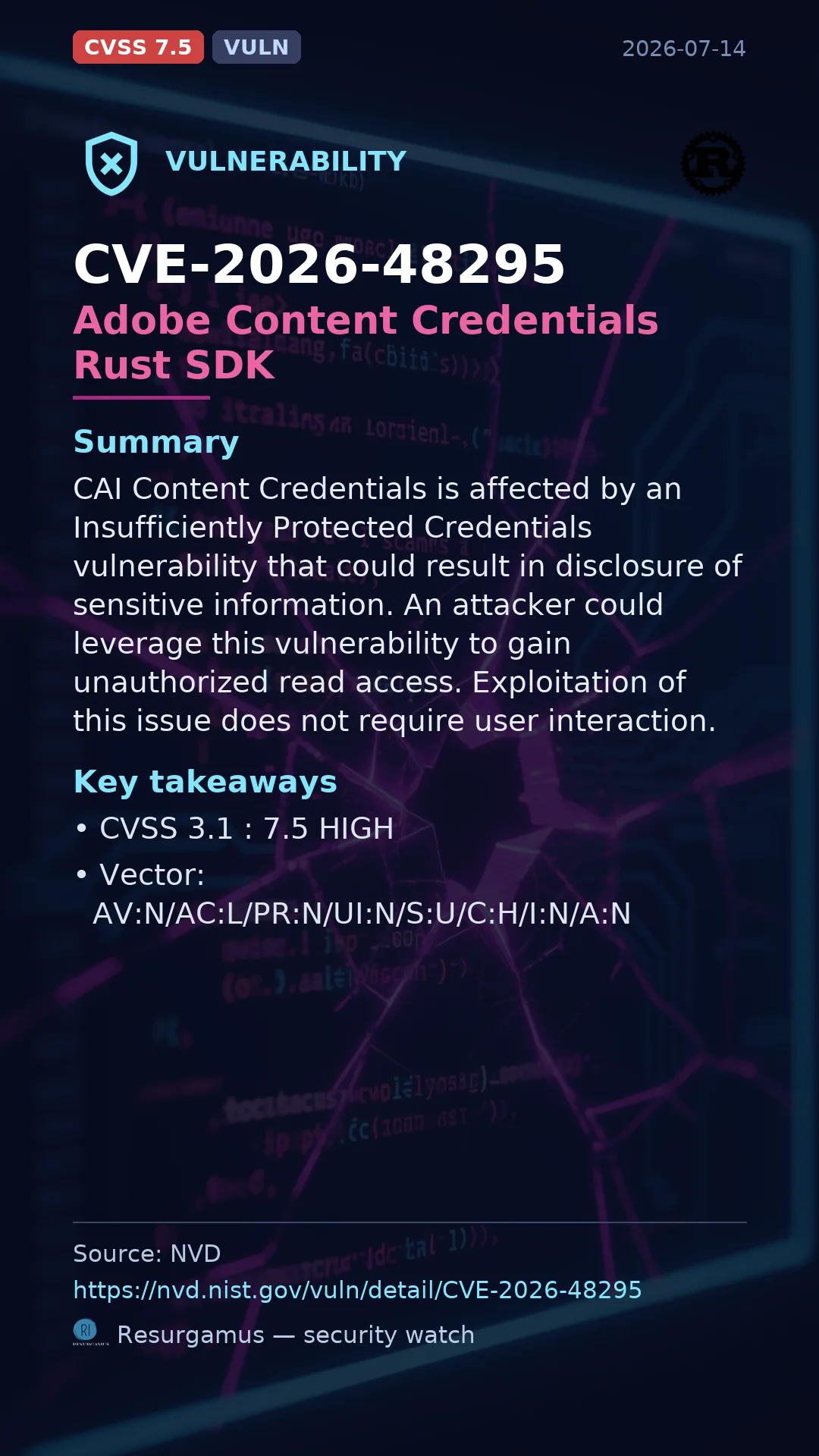 CVE-2026-48295 Adobe Content Credentials Rust SDK Vulnerability