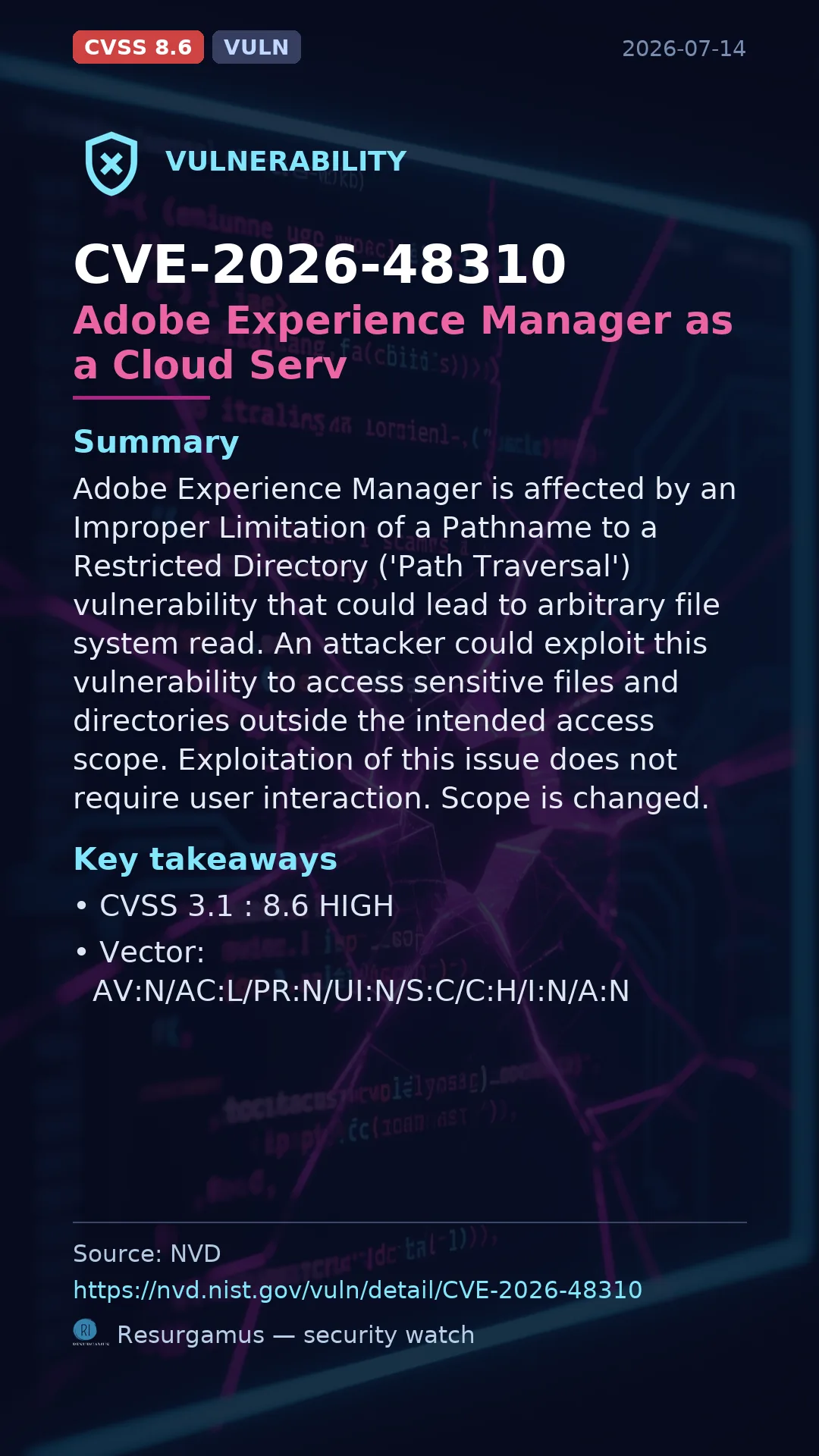 CVE-2026-48310 Adobe Experience Manager as a Cloud Serv Vulnerability