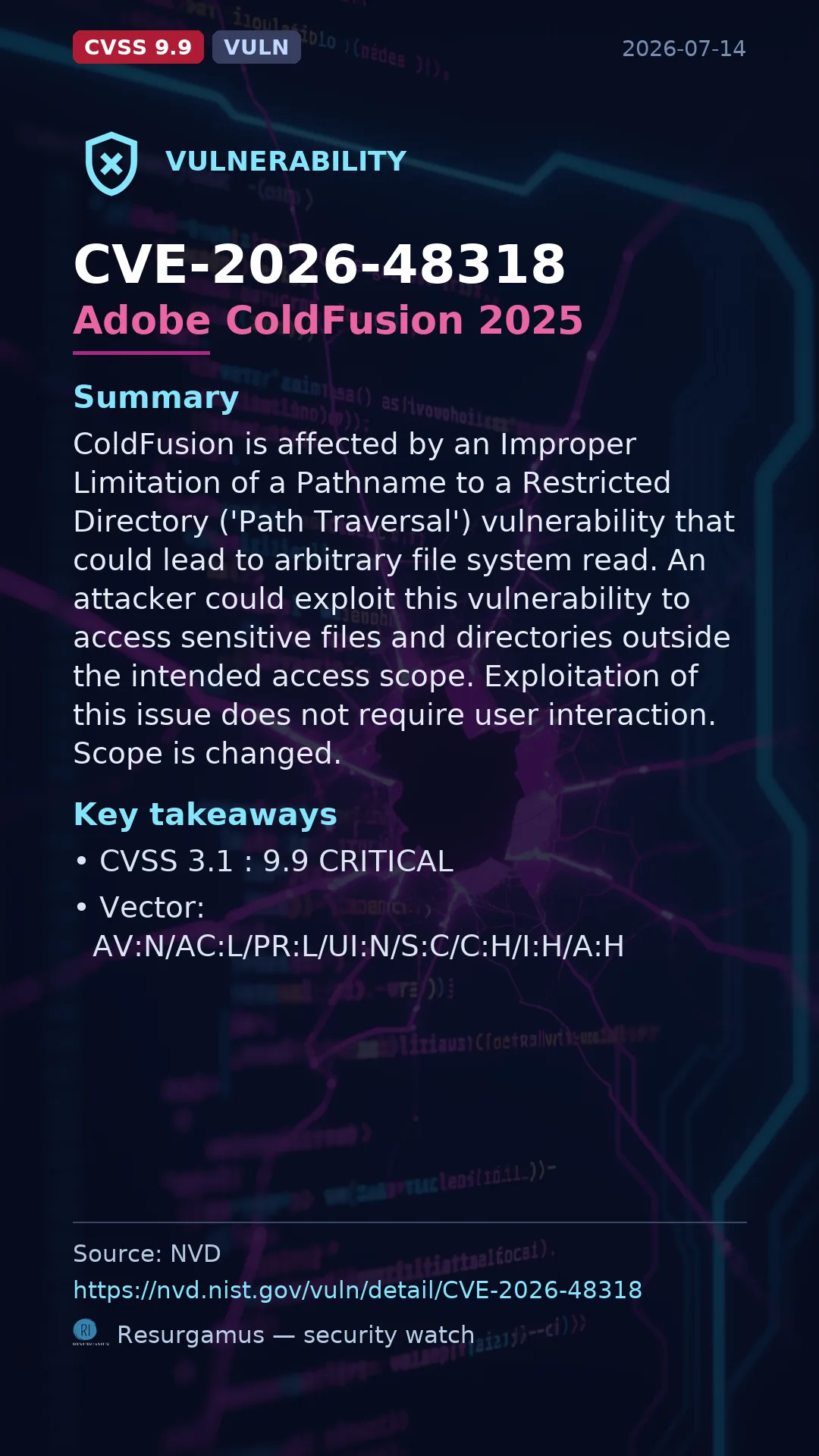 CVE-2026-48318 Adobe ColdFusion 2025 Vulnerability