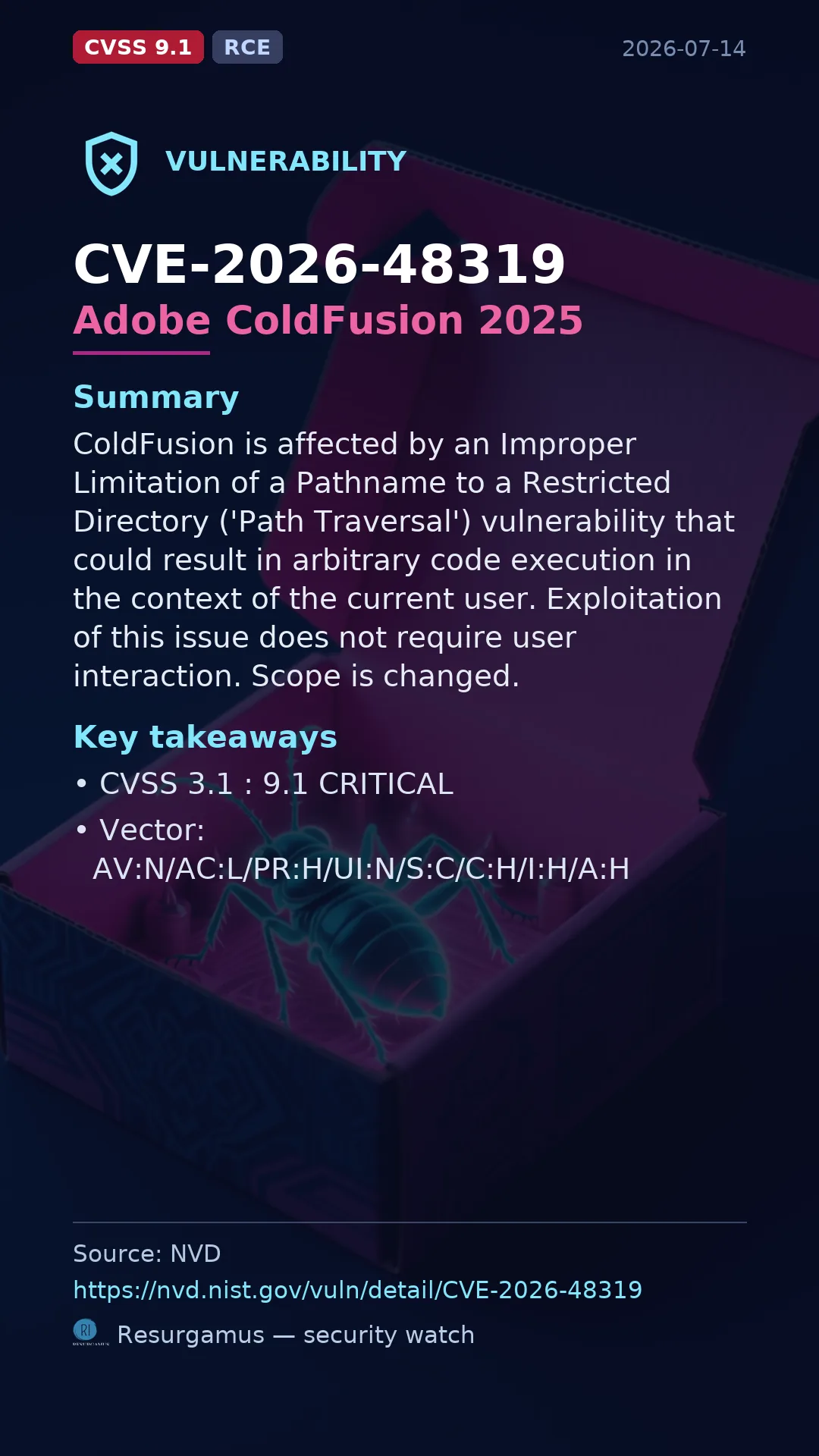 CVE-2026-48319 Adobe ColdFusion 2025 Vulnerability
