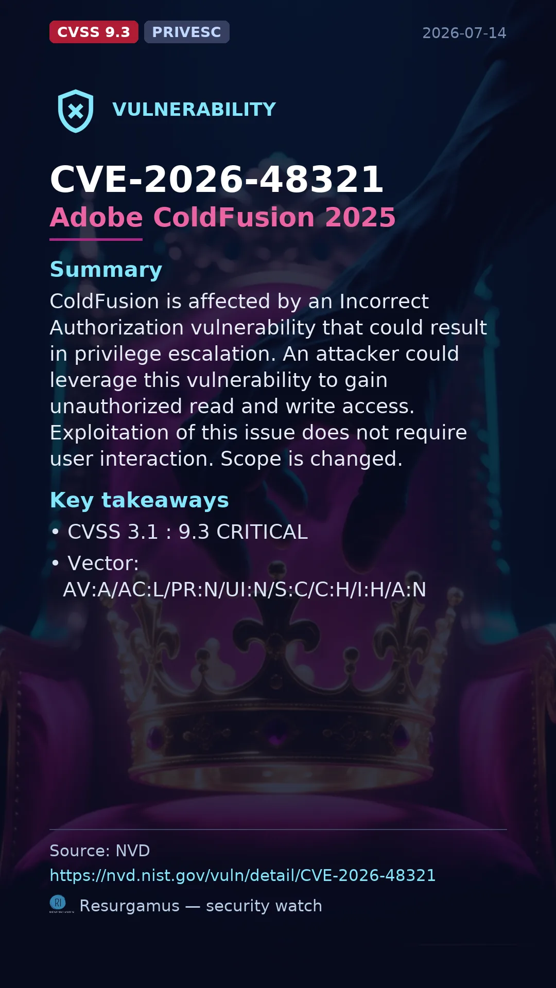 CVE-2026-48321 Adobe ColdFusion 2025 Vulnerability