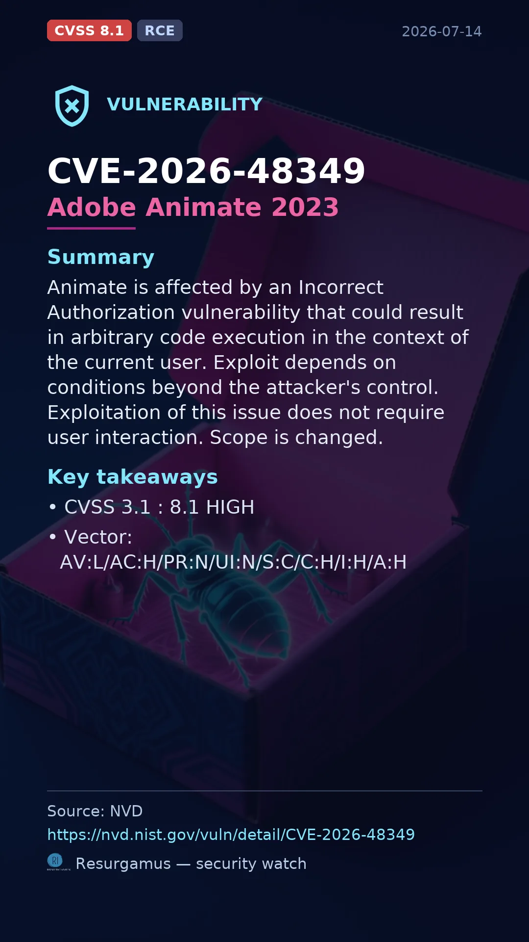 CVE-2026-48349 Adobe Animate 2023 Vulnerability