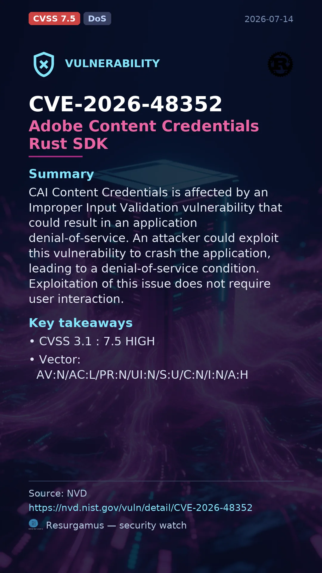 CVE-2026-48352 Adobe Content Credentials Rust SDK Vulnerability