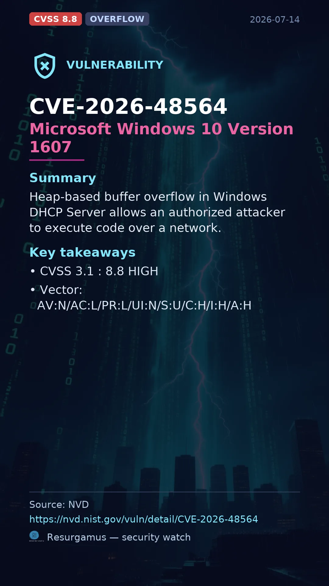 CVE-2026-48564 Microsoft Windows 10 Version 1607 Vulnerability