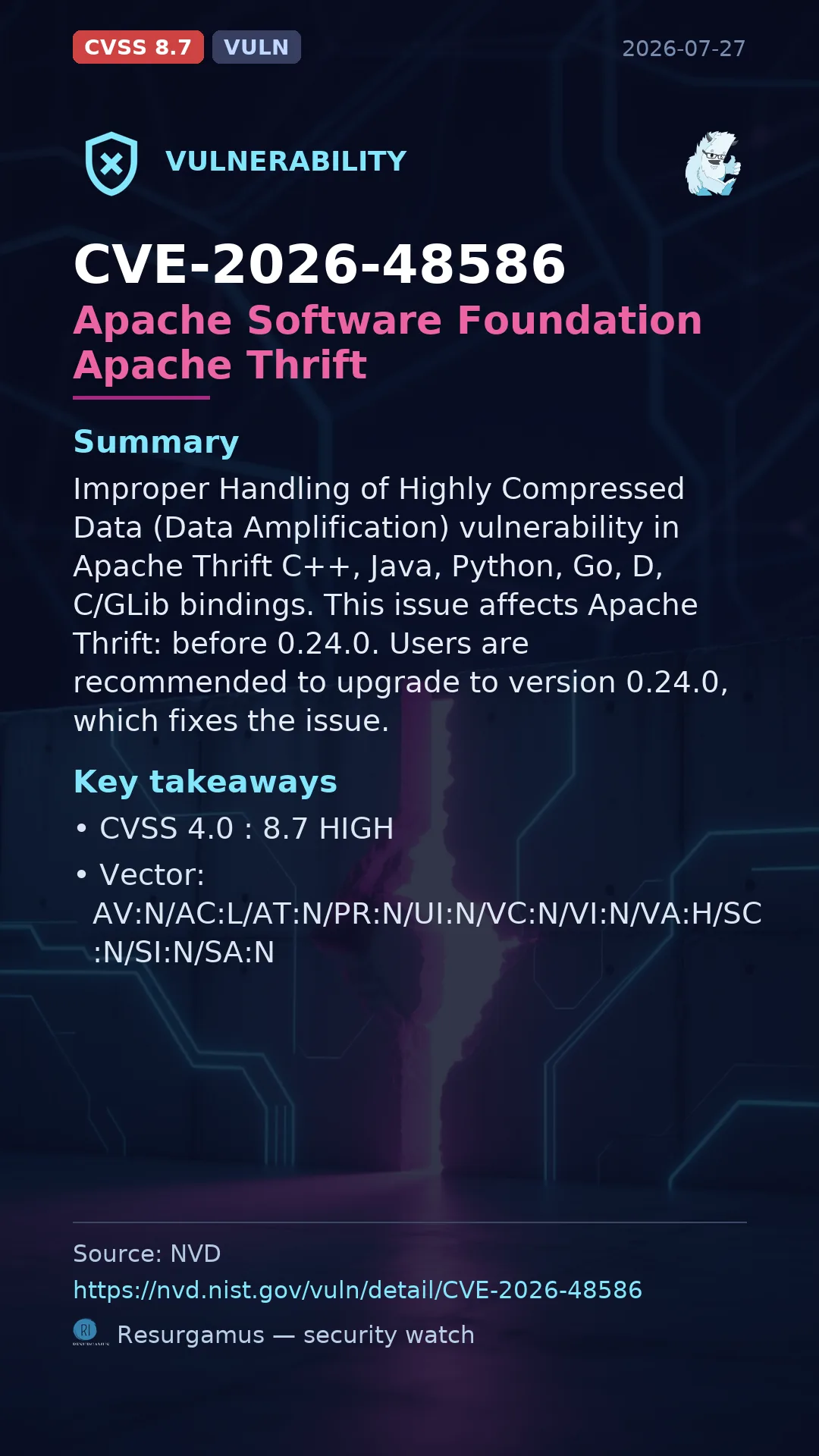 CVE-2026-48586 - Apache Software Foundation Apache Thrift vulnerability