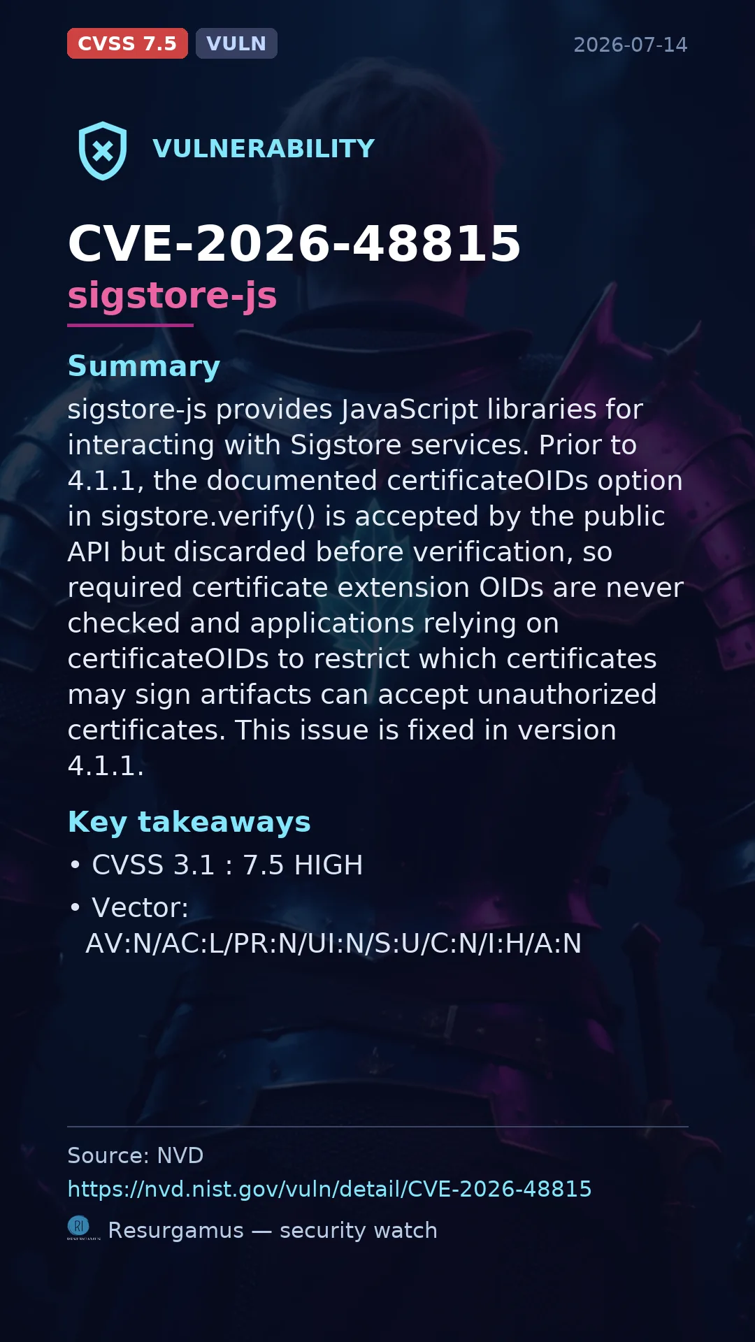 CVE-2026-48815 sigstore-js Vulnerability