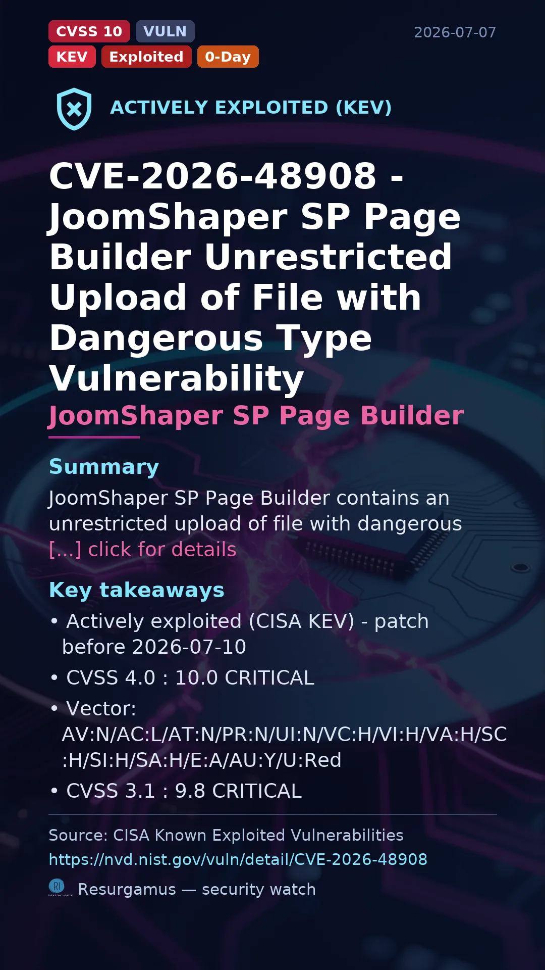 CVE-2026-48908 - JoomShaper SP Page Builder - actively exploited (KEV) vulnerability