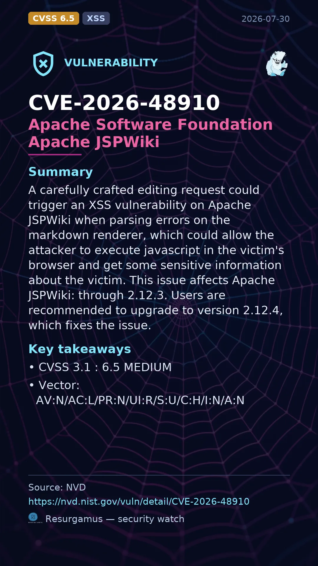 CVE-2026-48910 Apache Software Foundation Apache JSPWiki Vulnerability