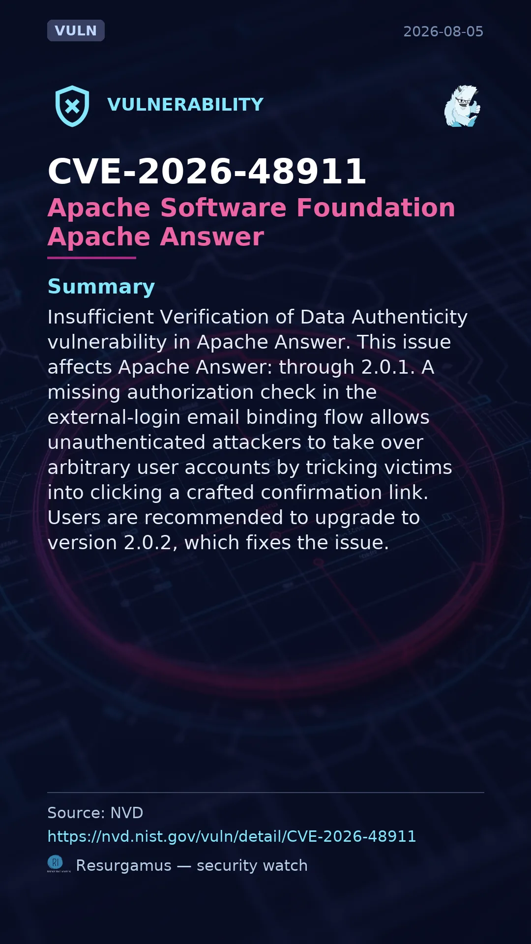 CVE-2026-48911 Apache Software Foundation Apache Answer Vulnerability