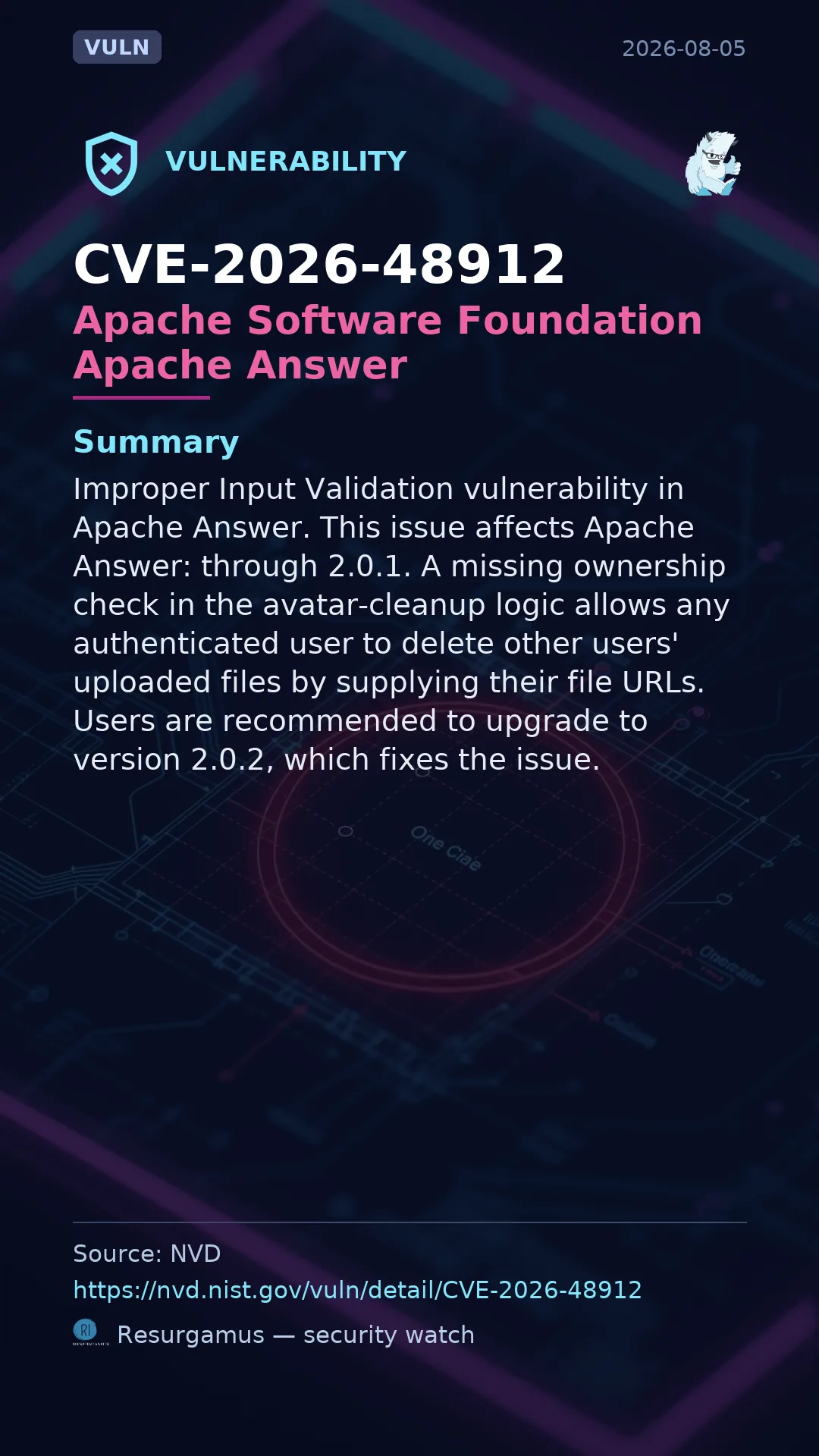 CVE-2026-48912 Apache Software Foundation Apache Answer Vulnerability