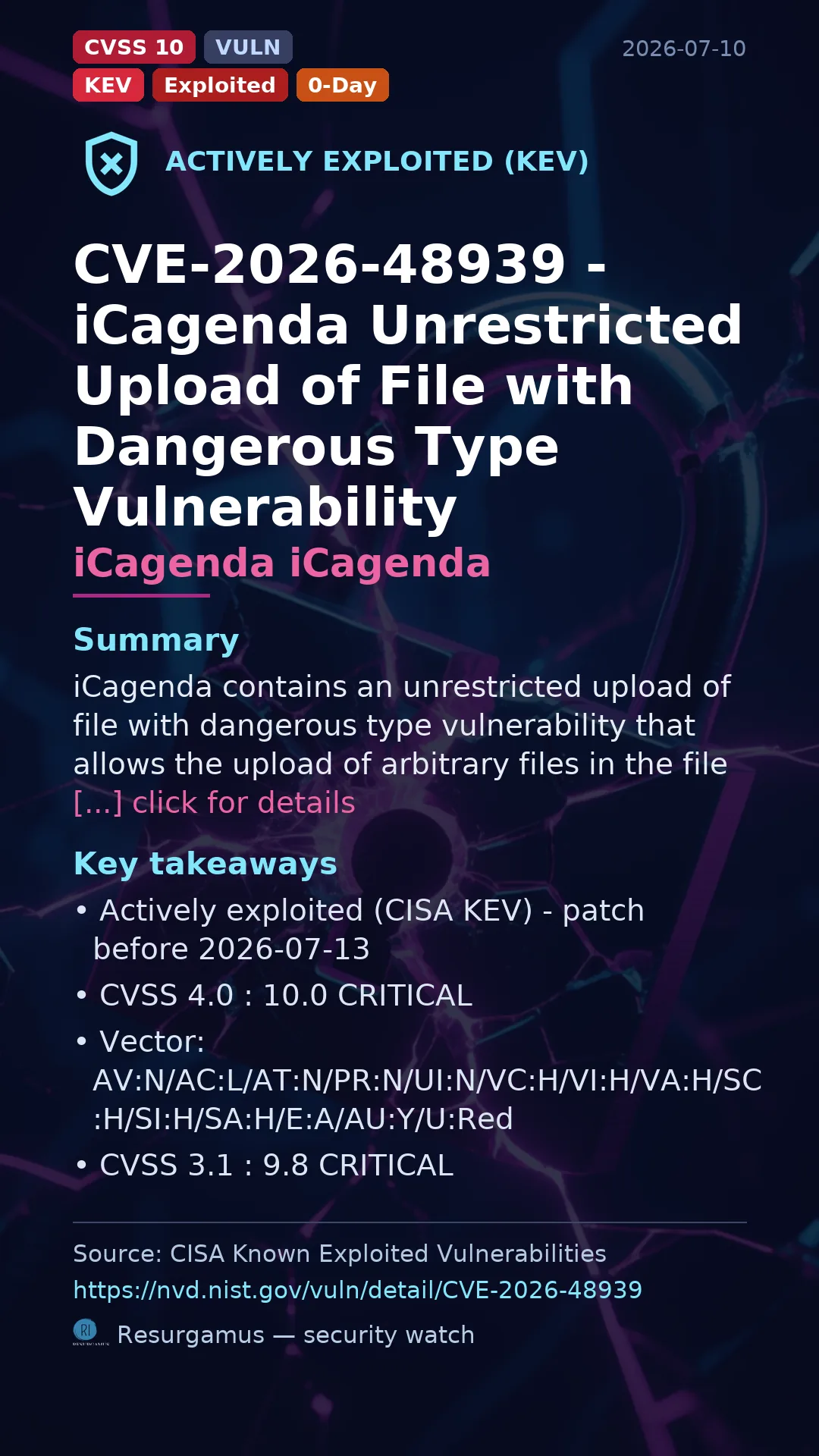 CVE-2026-48939 - iCagenda iCagenda - actively exploited (KEV) vulnerability